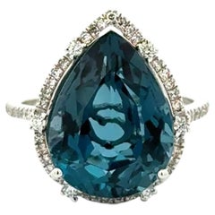 7 Carat Pear London Blue Topaz Diamond Vintage EFFY Designer Gold Cocktail Ring