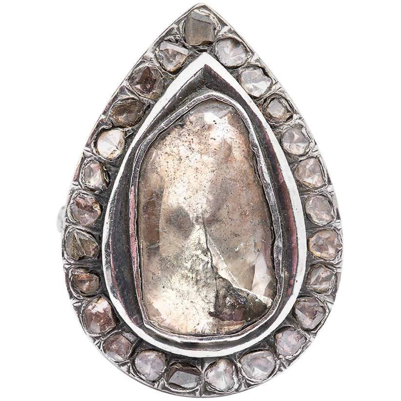 7 Carat Pear Shape Rose Cut Diamond Solitaire Engagement Ring For Sale