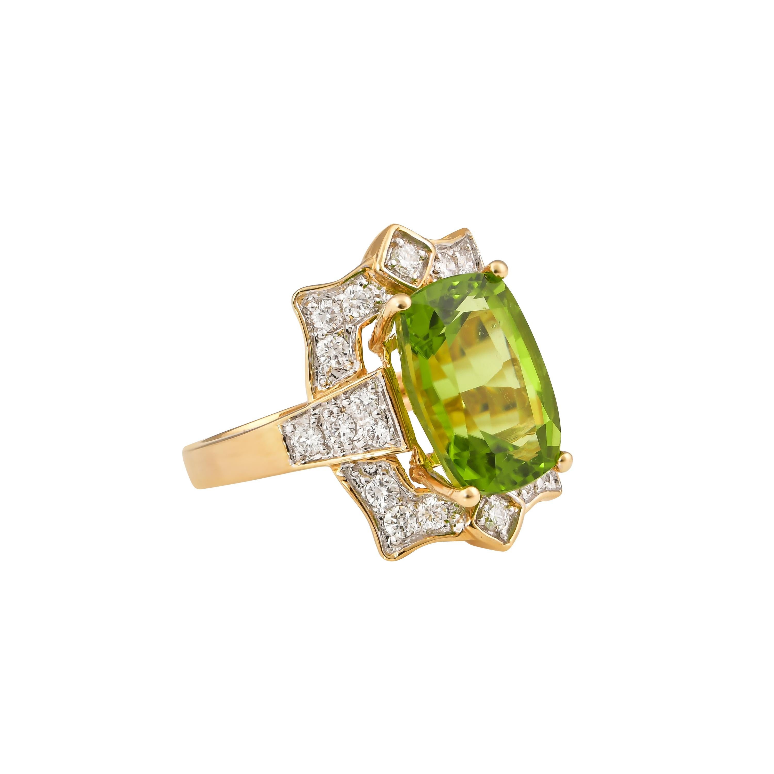 This collection features an array of pretty peridot rings! Accented with diamonds these rings are made in yellow gold and present a vibrant and fresh look. 

Classic peridot ring in 18K yellow gold with diamonds. 

Peridot: 7.01 carat cushion
