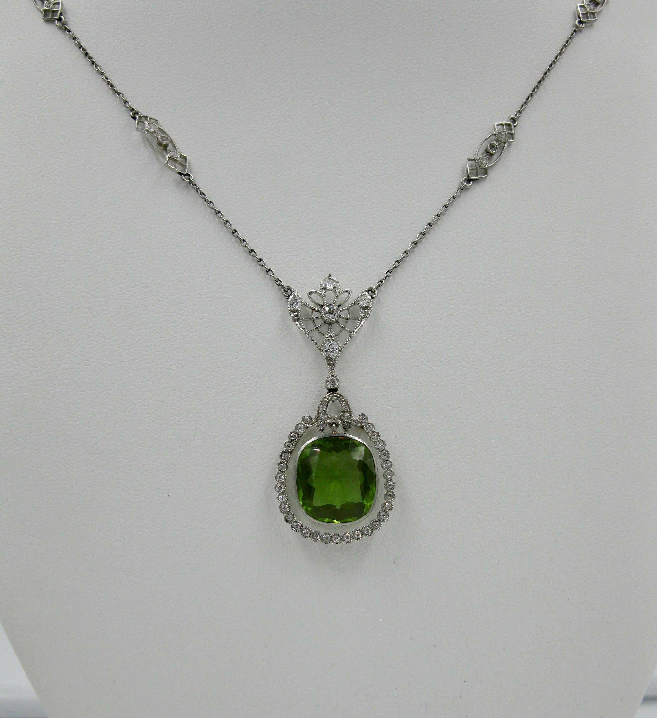 Women's 7 Carat Peridot Platinum Diamond Lavaliere Necklace Antique Victorian Edwardian For Sale