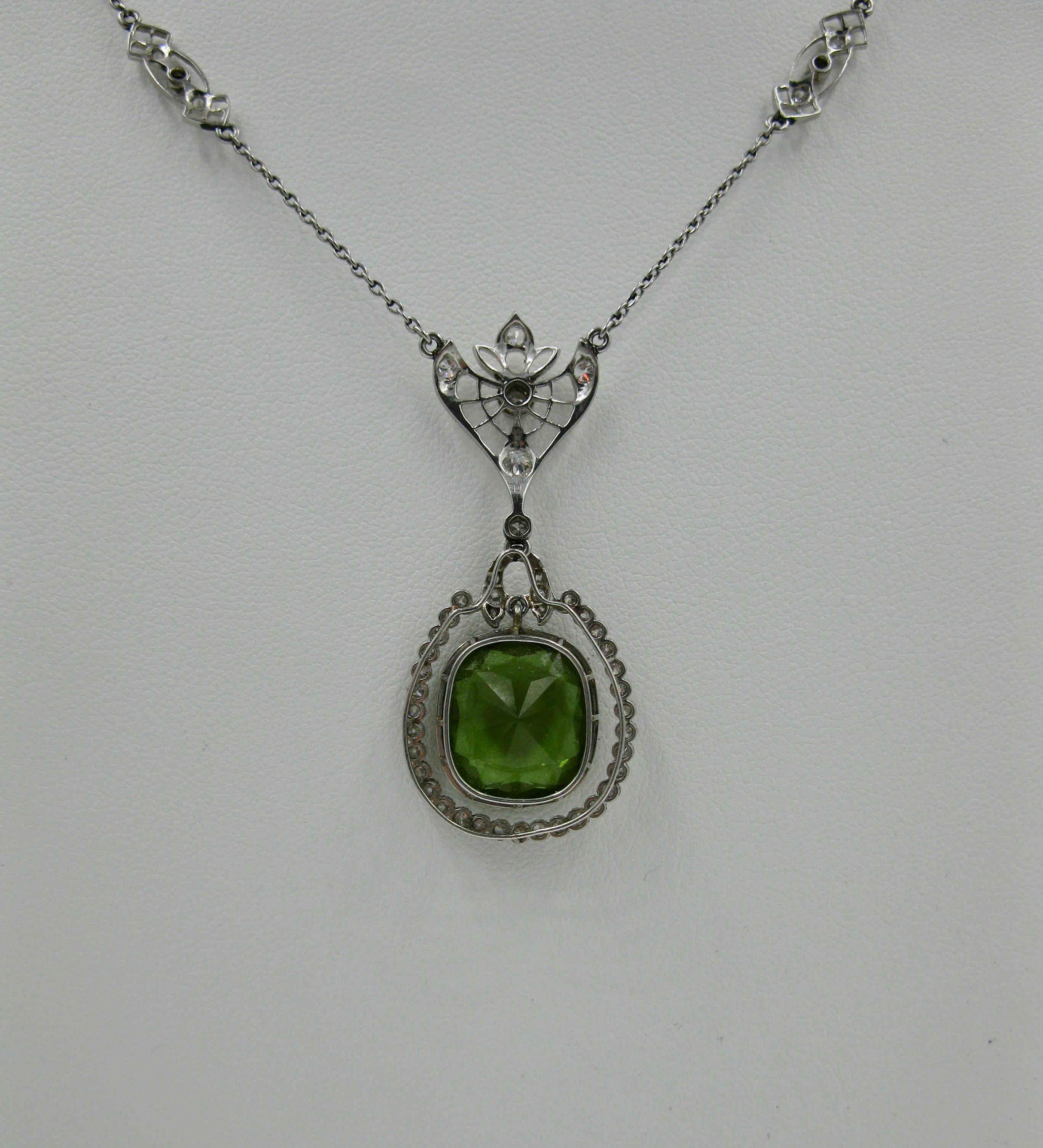 7 Carat Peridot Platinum Diamond Lavaliere Necklace Antique Victorian Edwardian In Excellent Condition For Sale In New York, NY