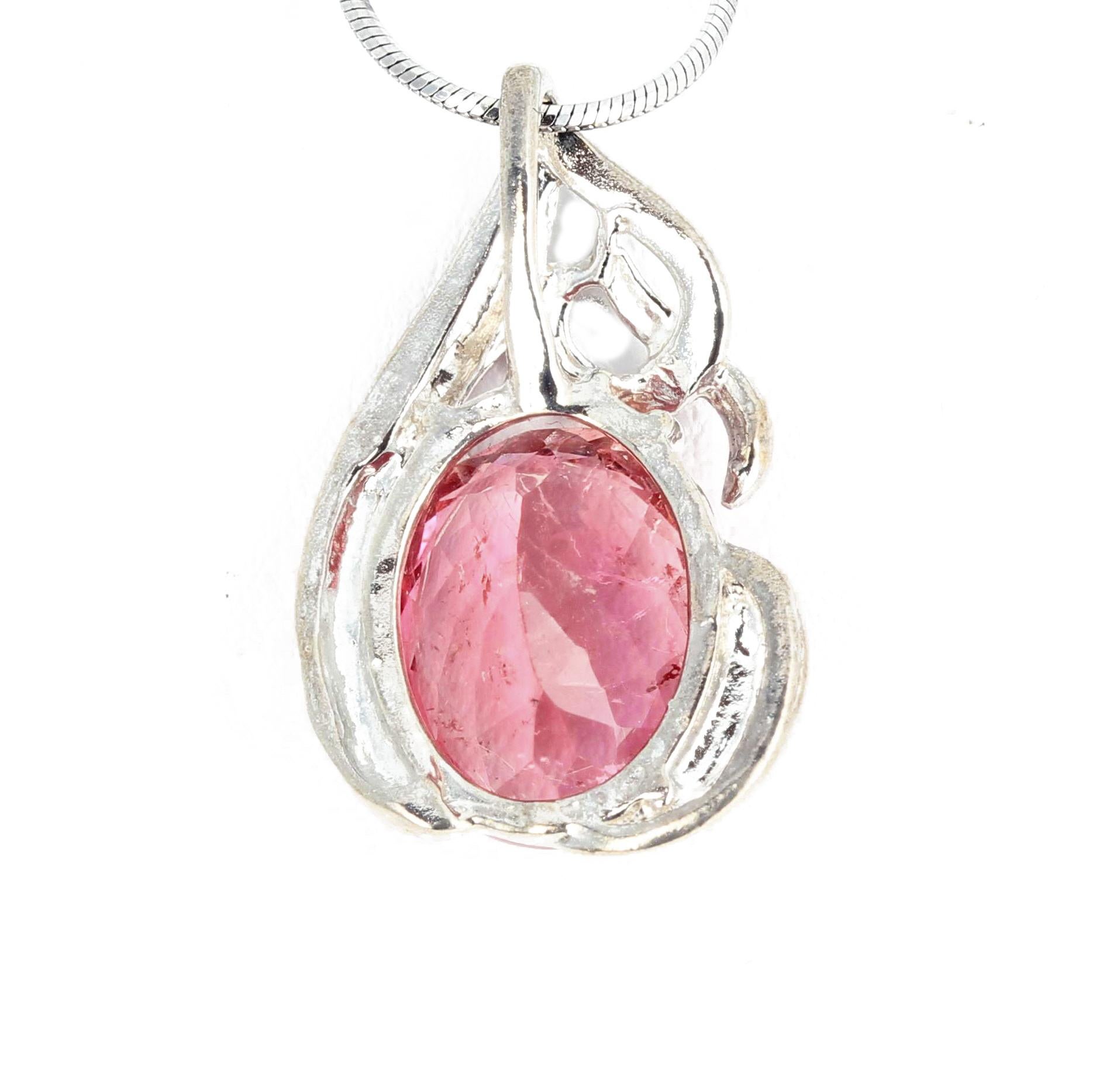 Oval Cut AJD Stunning 7 Cts Bright Pink/Apricot Natural Tourmaline Silver Pendant For Sale