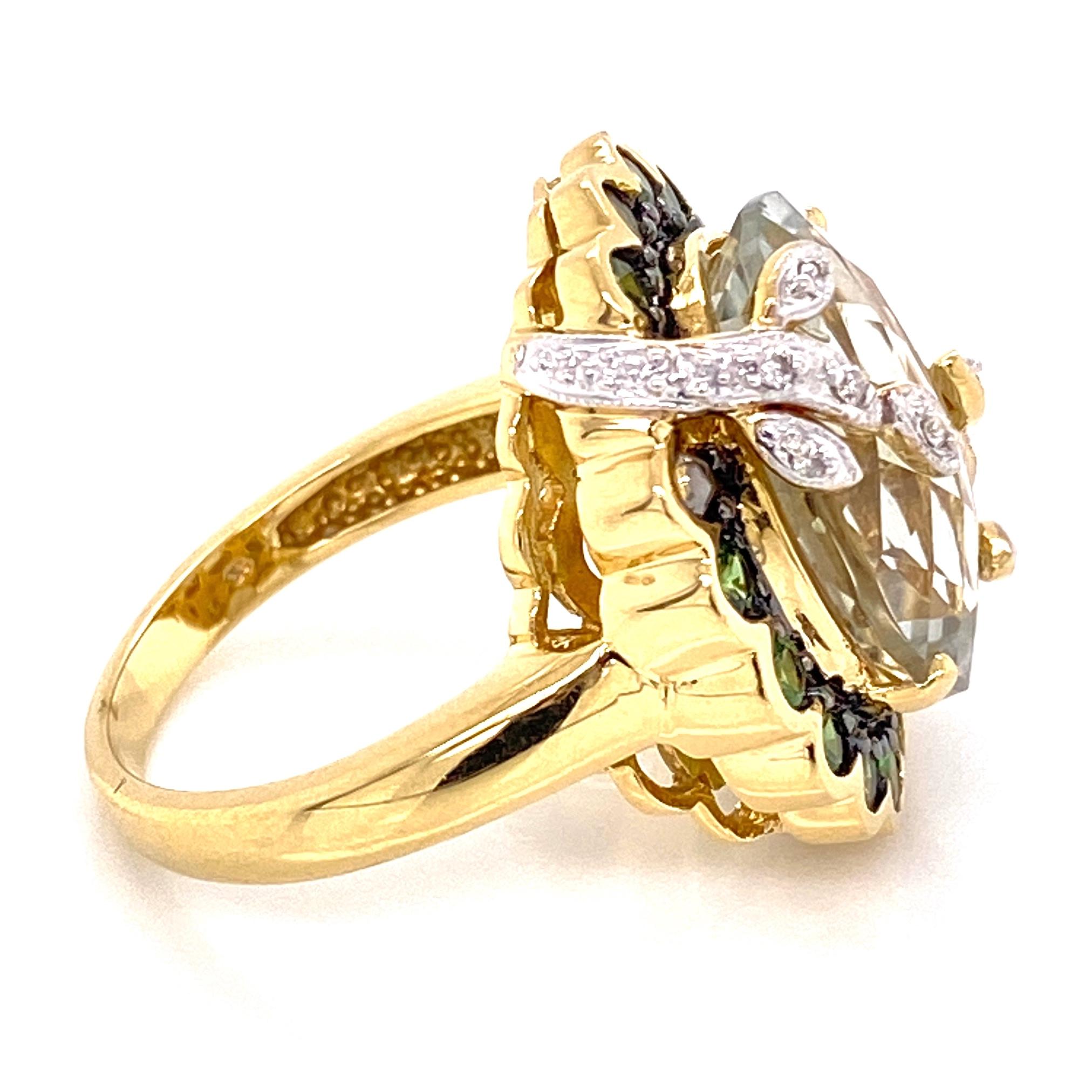 Modern 7 Carat Prasiolite, Tsavorites and Diamonds Gold Ring Estate Fine Jewelry For Sale