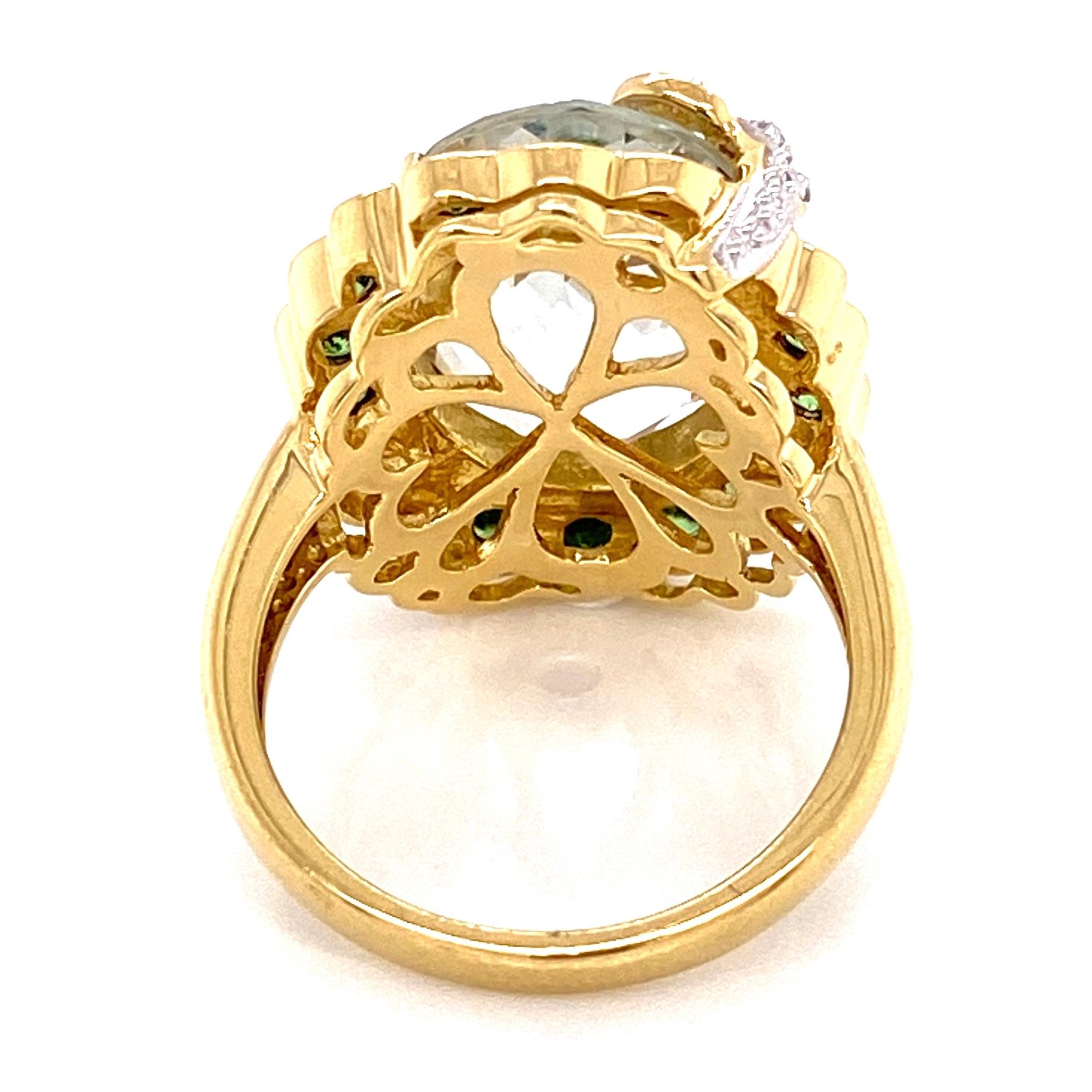 Mixed Cut 7 Carat Prasiolite, Tsavorites and Diamonds Gold Ring Estate Fine Jewelry For Sale