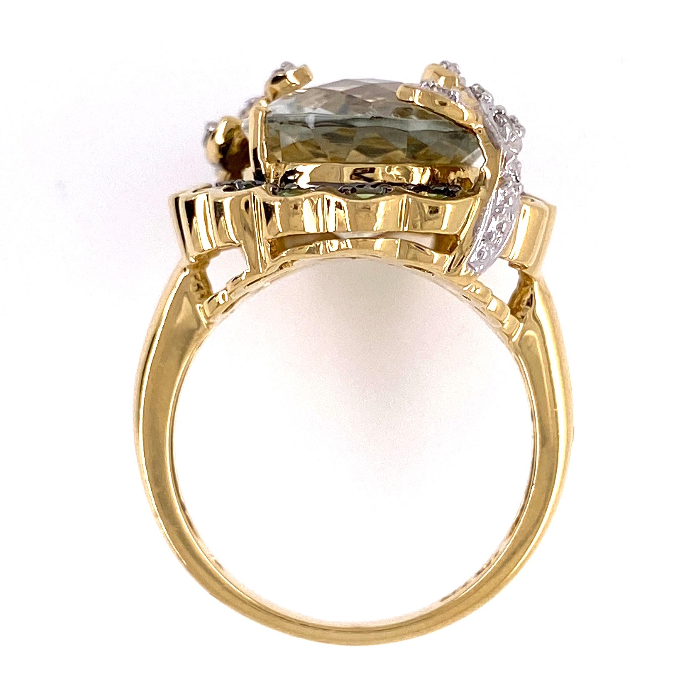 7 Carat Prasiolite, Tsavorites and Diamonds Gold Ring Estate Fine Jewelry For Sale 1