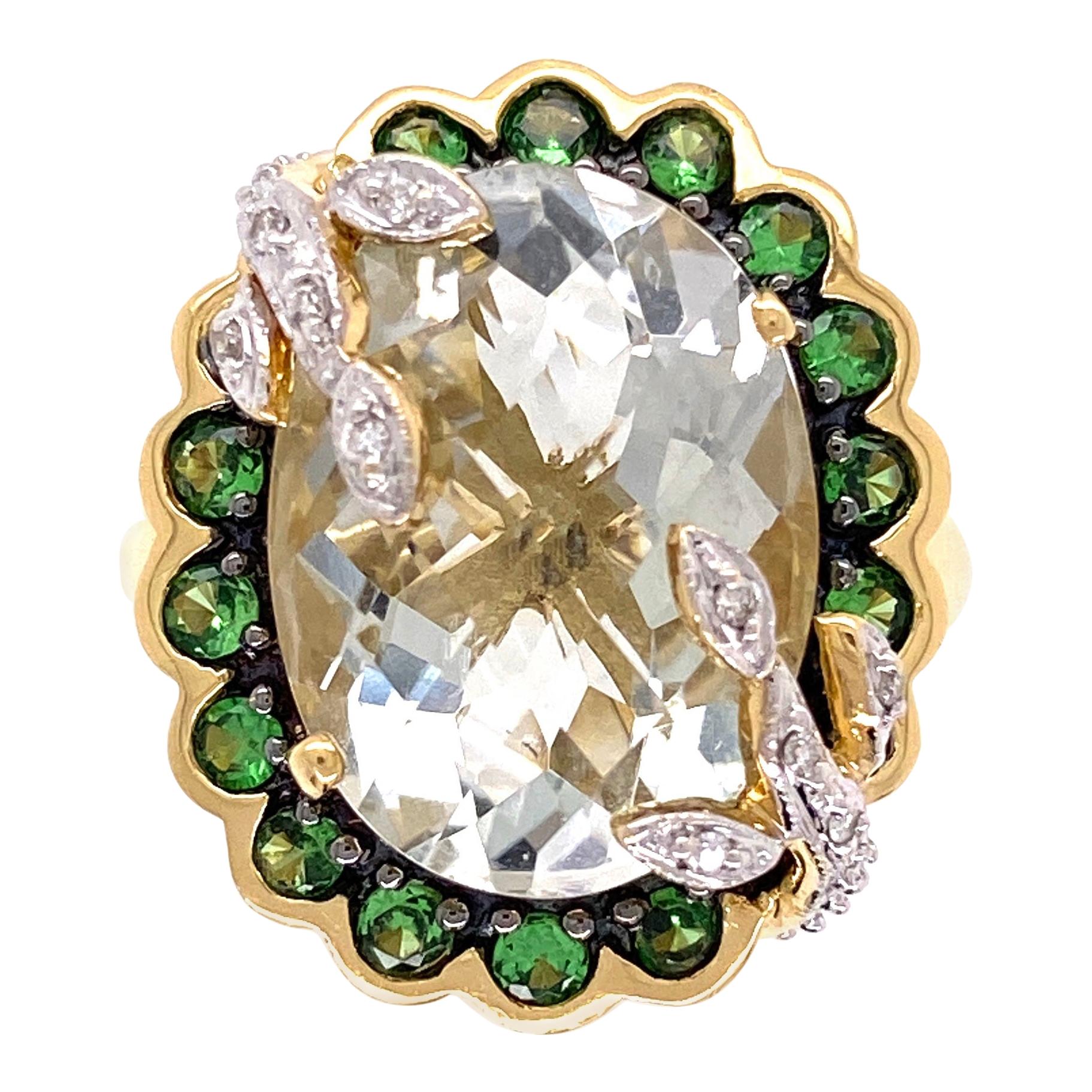 7 Carat Prasiolite, Tsavorites and Diamonds Gold Ring Estate Fine Jewelry