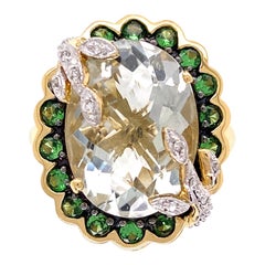 Bague en or 7 carats Prasiolite, Tsavorites et Diamants Estate Jewelry