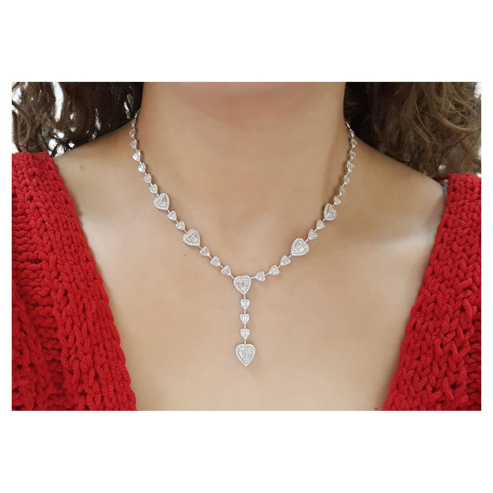 Authentic 18K White Gold Unisex 7.03 ct Total Weight Round Brilliant & Baguette Cut Diamonds Heart Shape Halo Drop/Dangle Lariat Necklace.

The necklace weighs 20 grams, 15.75