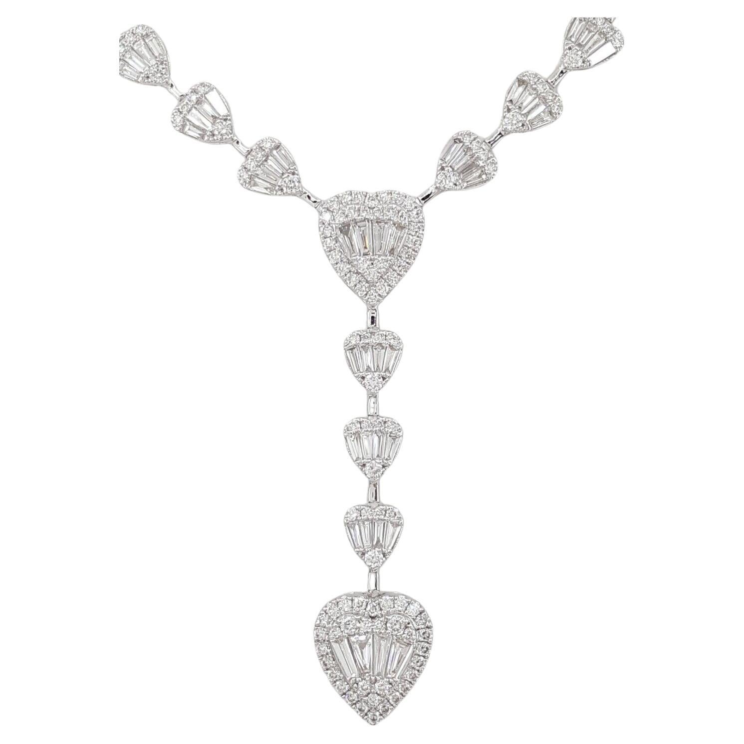Round Cut 7 Carat Round and Baguette Cut Diamond 18 Carat White Gold Necklace For Sale