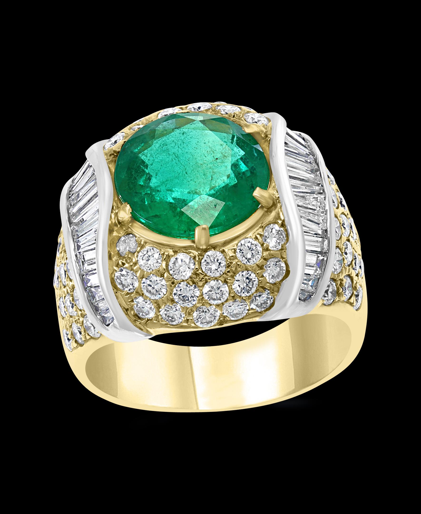 A classic, Cocktail ring 
Large 7 Carat  Colombian Emerald and Diamond Ring,  with no color enhancement.
18 K Gold 20 gm
 Diamonds: approximate 4.2 Carat , Round and Baguette
Baguette diamonds are set in 18 K white gold 
Stamped 750 
Ring Size