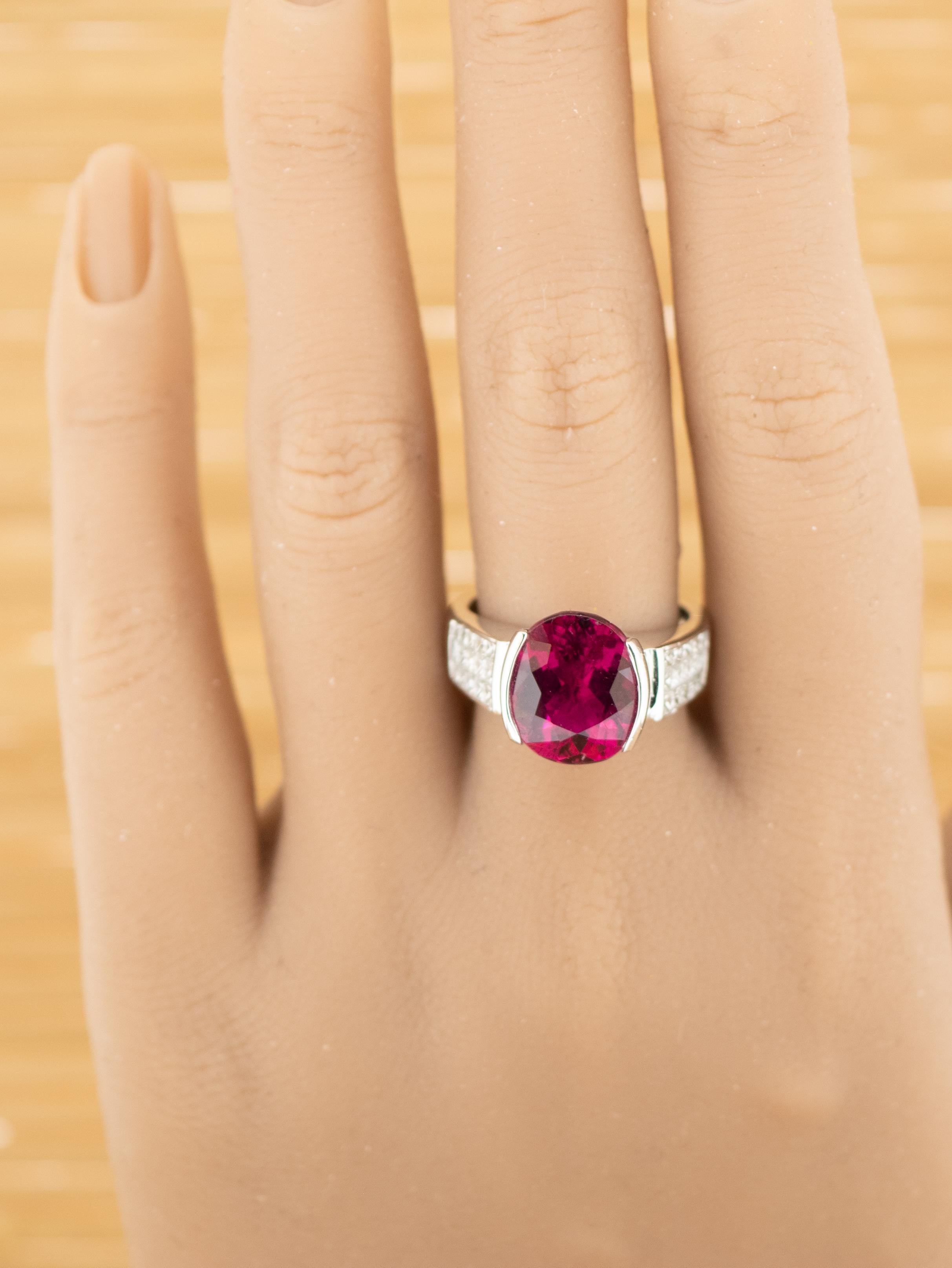 Oval Cut 7 Carat Rubellite and 1.2 Carat Diamond 18 Karat White Gold Ring For Sale