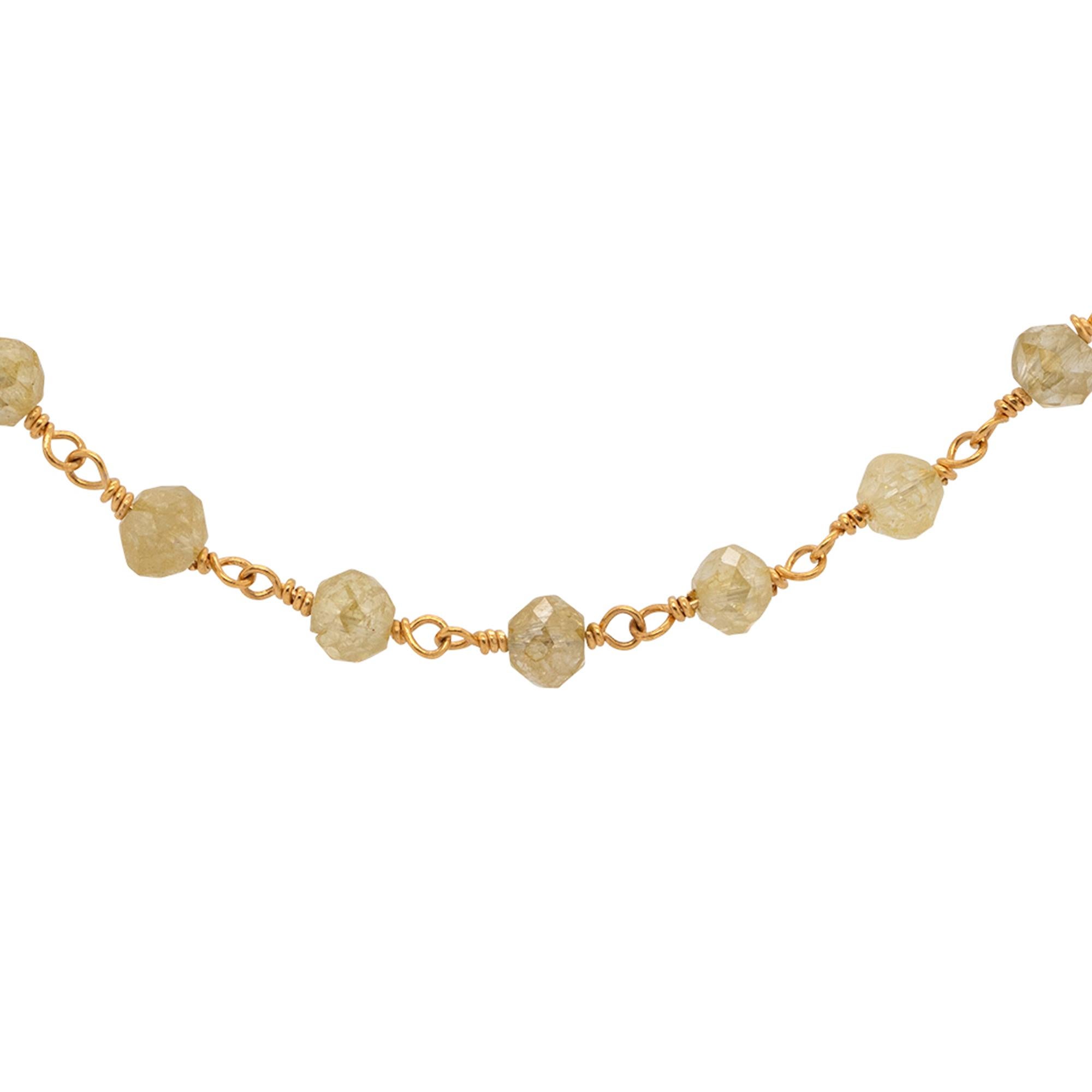 Material: 14k Yellow Gold
Diamond Details: Approx. 7ctw of round cut faceted bead Diamonds. Diamonds are Fancy Yellow in color and VS in clarity
Measurements: 18 inches in length
Weight: 2.6g (1.7dwt)
Additional details: Item comes complete with a