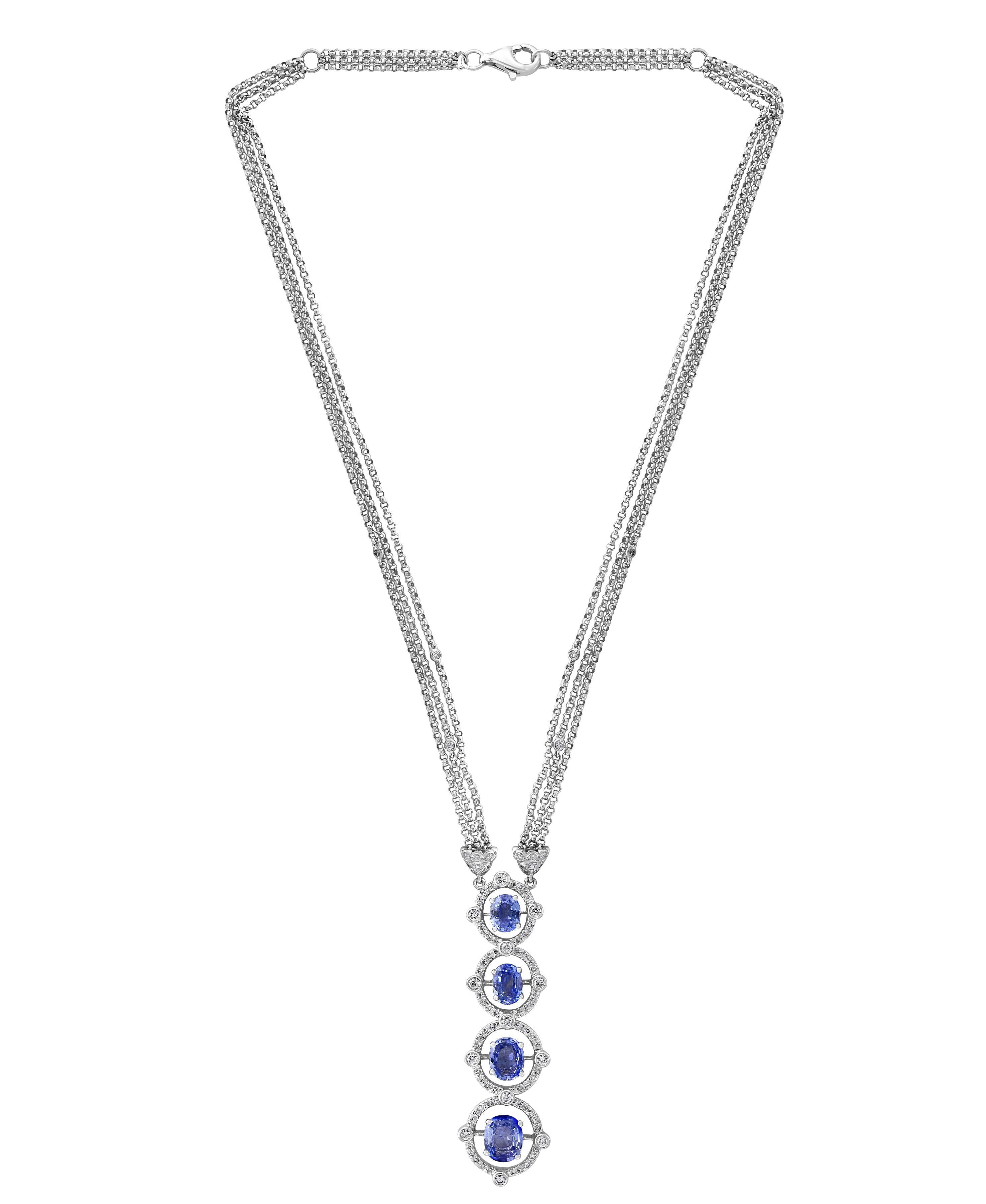 7 carats of fine  quality of  Natural Sapphire  pendant surrounded by brilliant round  cut Diamonds all mounted in 18 karat White  gold. Weight of the necklace is 19 Grams . 
Sapphire  Weight approximately 7 Carats
Diamond Weight approximately 2.5