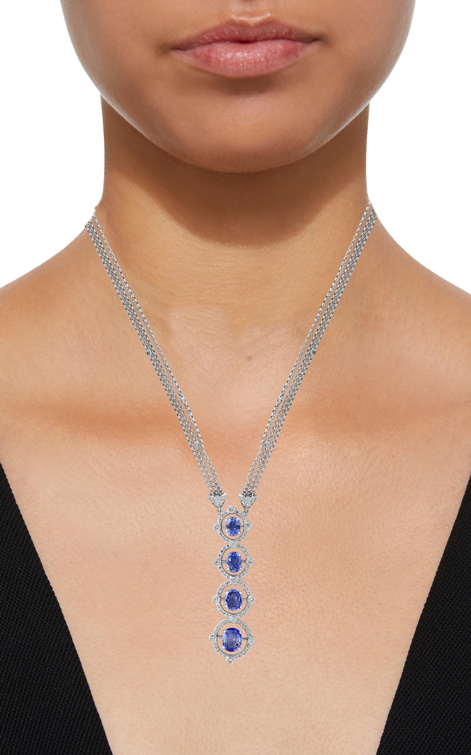 Women's 7 Carat Sapphire and Diamond Pendant or Necklace 18 Karat Gold Multi Chain