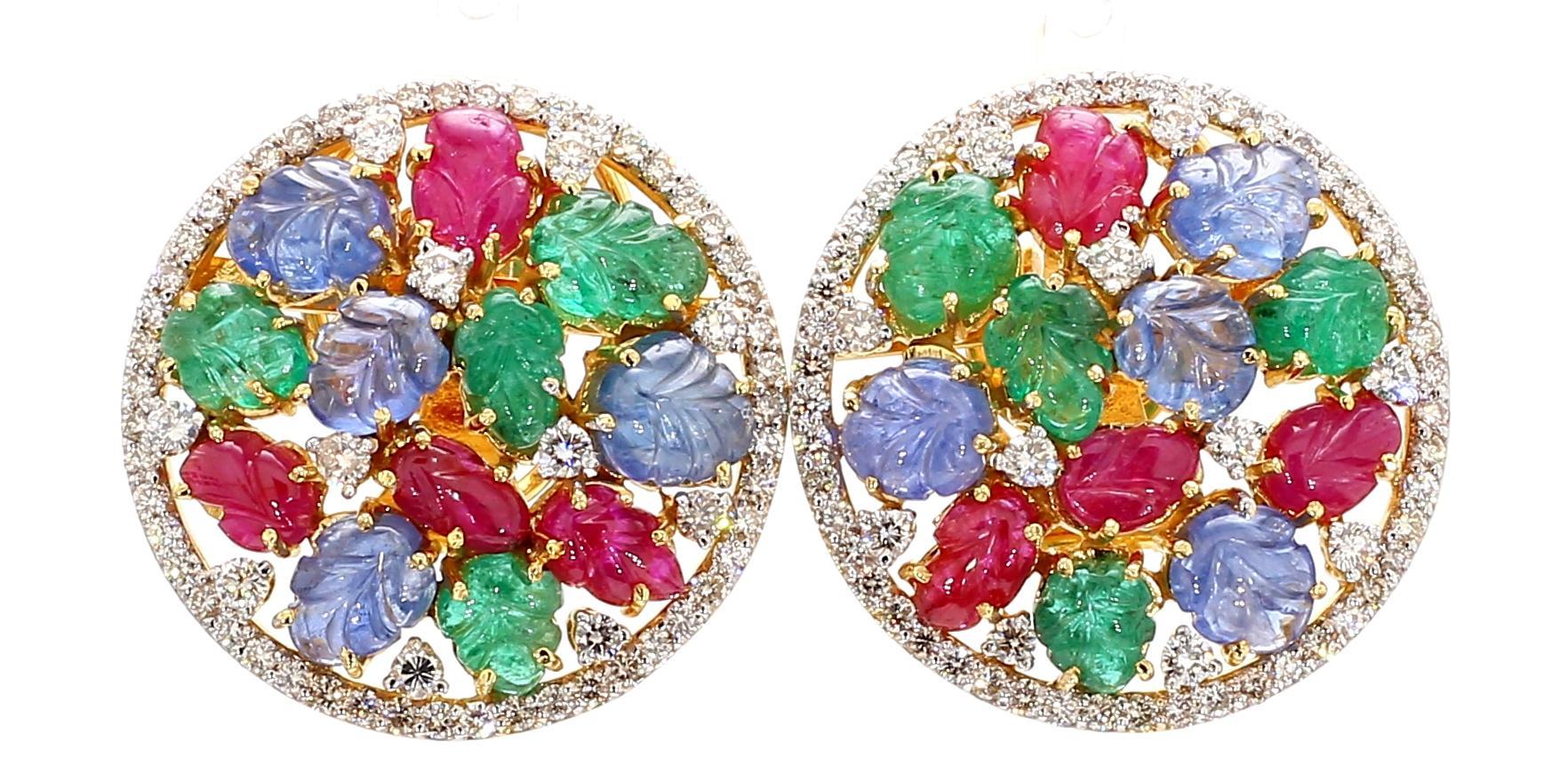 Modern 7 Carat Sapphire, Emerald, Ruby and 5 Carat Diamond 18K Gold Earrings For Sale