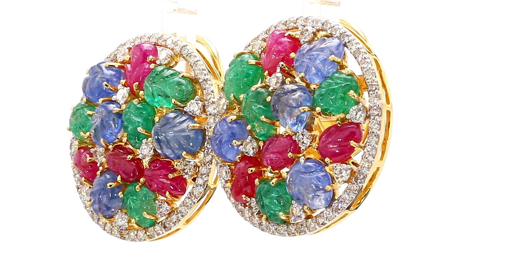 Round Cut 7 Carat Sapphire, Emerald, Ruby and 5 Carat Diamond 18K Gold Earrings For Sale