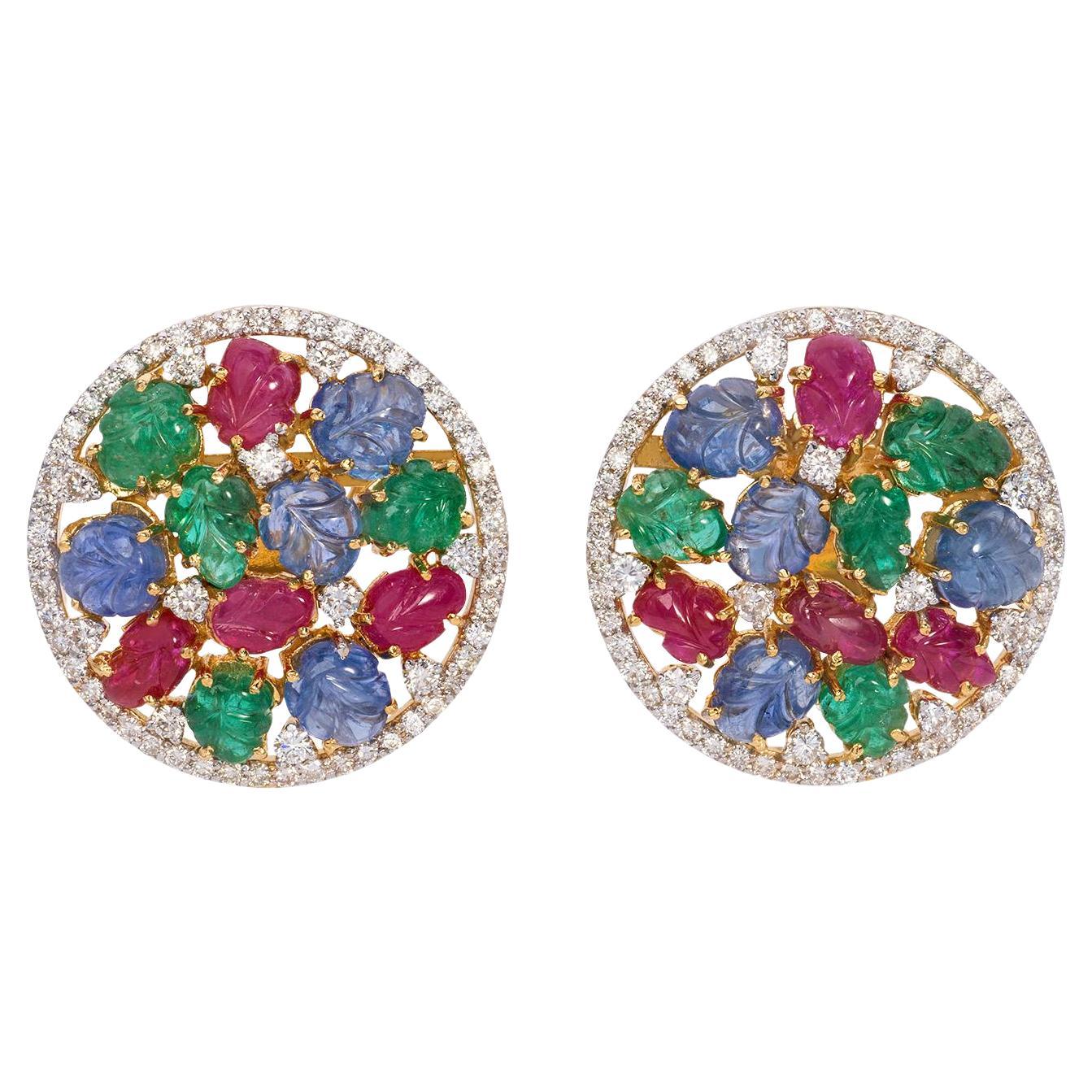 7 Carat Sapphire, Emerald, Ruby and 5 Carat Diamond 18K Gold Earrings For Sale