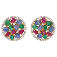 7 Carat Sapphire, Emerald, Ruby and 5 Carat Diamond 18K Gold Earrings