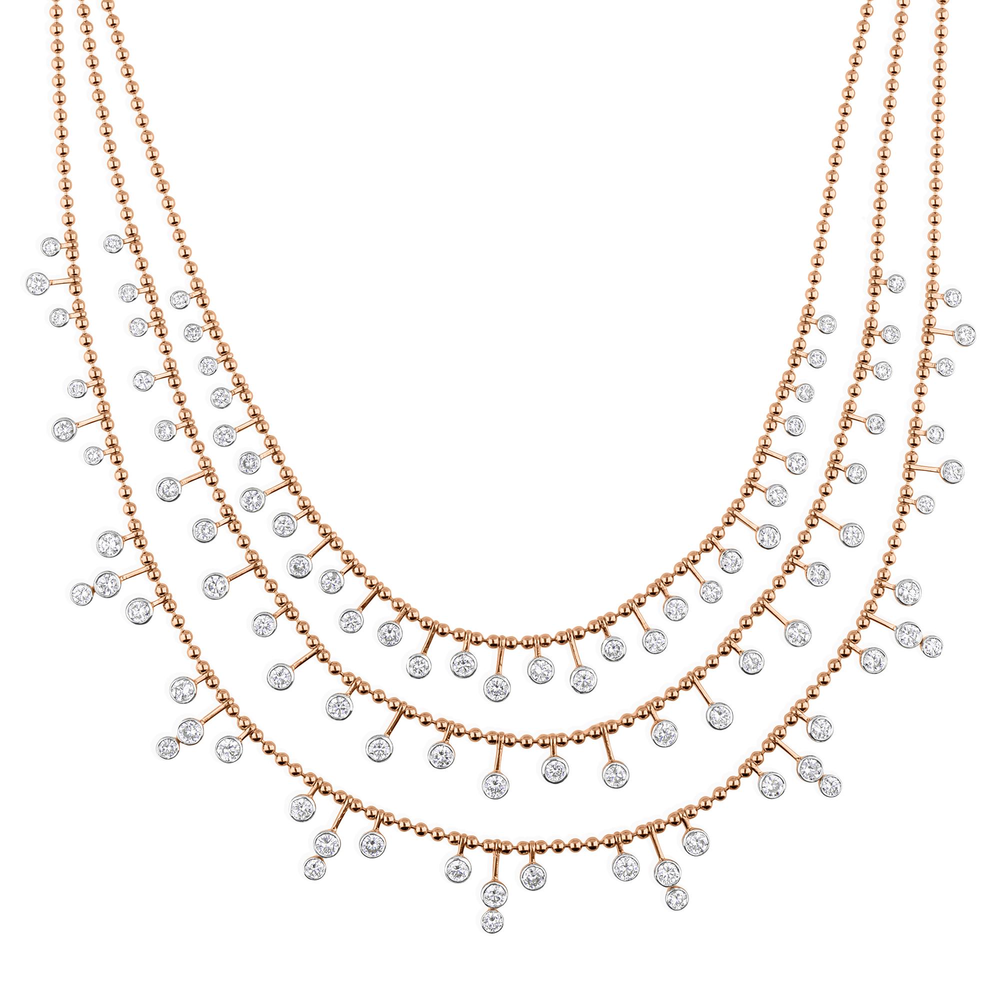 Modernist 7 Carat SI/HI Diamond Drops 18k Rose Gold Multi-Strand Layered Necklace Gift For Sale