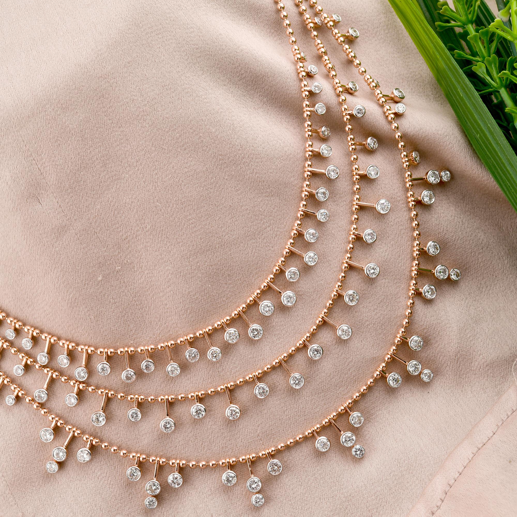Round Cut 7 Carat SI/HI Diamond Drops 18k Rose Gold Multi-Strand Layered Necklace Gift For Sale
