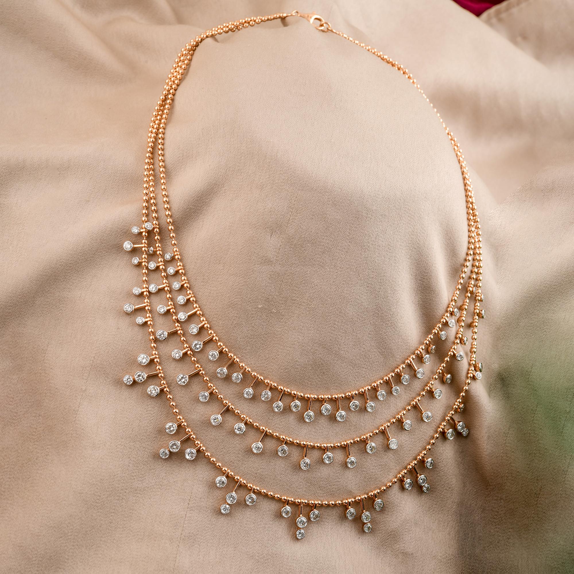 Women's 7 Carat SI/HI Diamond Drops 18k Rose Gold Multi-Strand Layered Necklace Gift For Sale