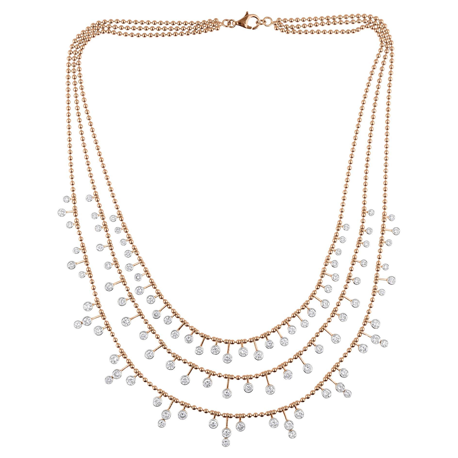 7 Carat SI/HI Diamond Drops 18k Rose Gold Multi-Strand Layered Necklace Gift For Sale