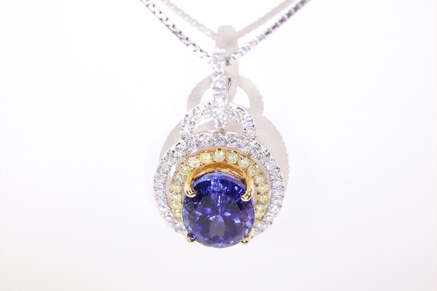 7 Carat Tanzanite Pendant with White & Yellow Diamonds Set in 2 Tone 18K Gold In New Condition For Sale In Manchester By The Sea, MA