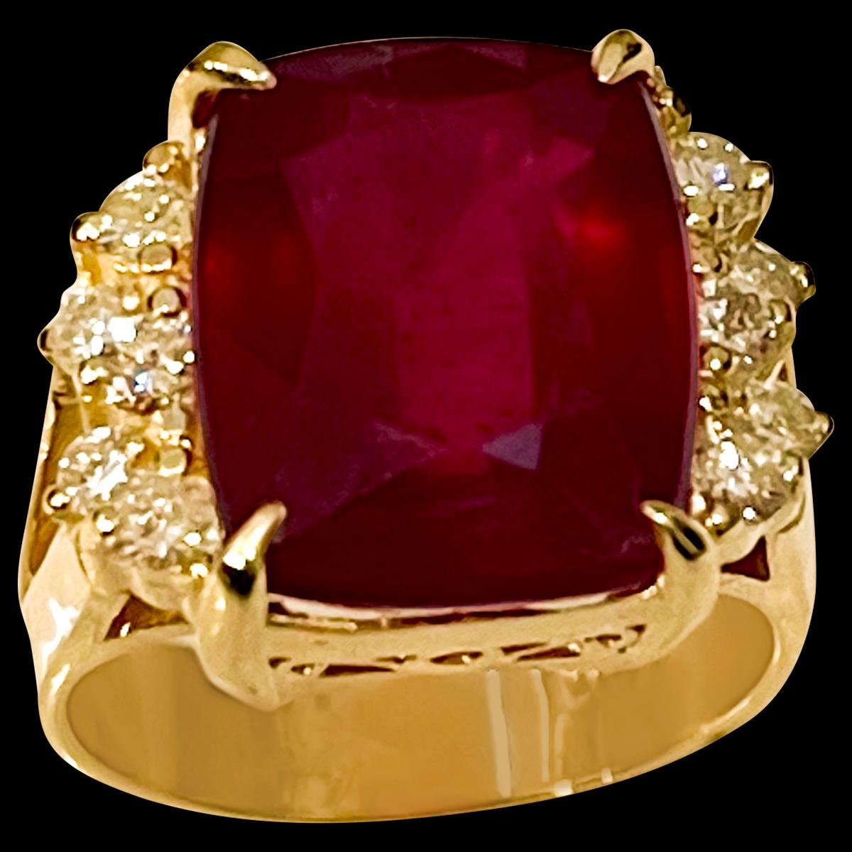7 Carat Treated  Cushion Shape Ruby & Diamond 14 Karat Yellow Gold Cocktail Ring size 6
 prong set
14 K Yellow Gold: 8.7  gram
Stamped 14K
Ring Size 6 ( can be altered for no charge )
Large approximately 7  carat  cushion shape ruby Treated