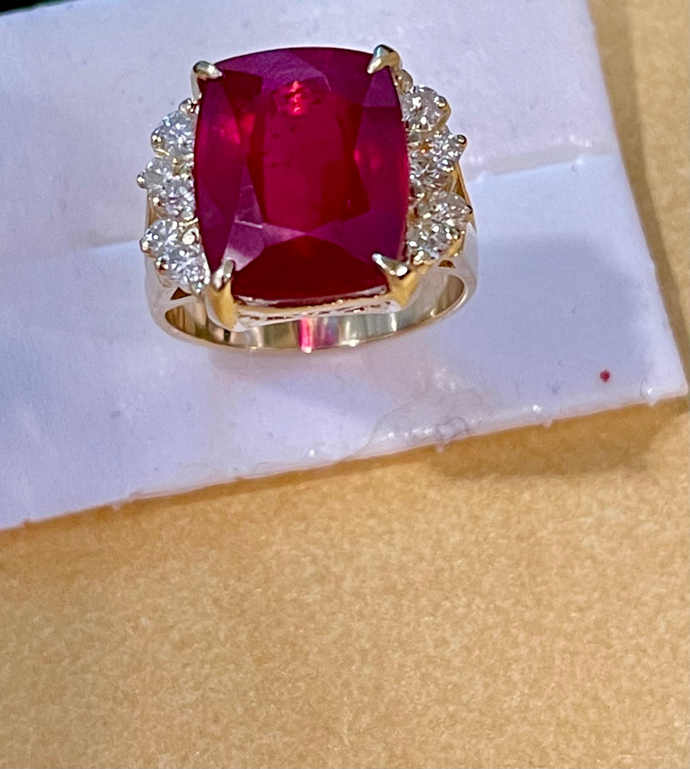 7 Carat Treated Cushion Shape Ruby & Diamond 14 Karat Yellow Gold Cocktail Ring In Excellent Condition In New York, NY