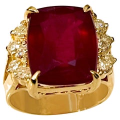 7 Carat Treated Cushion Shape Ruby & Diamond 14 Karat Yellow Gold Cocktail Ring