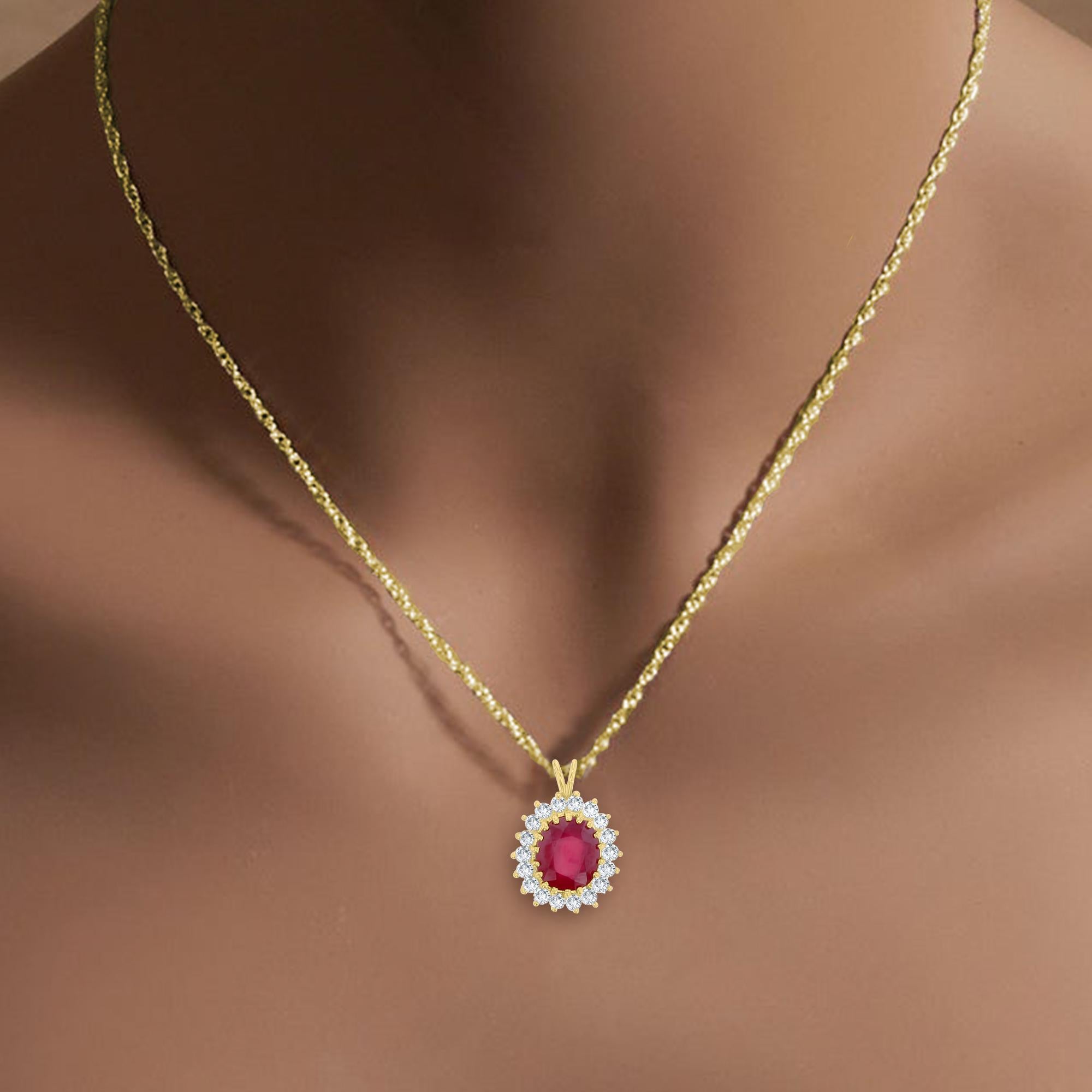 ♥ Product Summary ♥

Main Stone: Ruby (Treated) & Diamonds
Approx. Total Carat Weight: 6.92cttw
Approx. Ruby Carat Weight: 6.08ct
Approx. Diamond Carat Weight: .84ct
Diamond Color: G
Diamond Clarity: VS2/SI1
Metal Choice: 14K Yellow Gold
Stone Cut: