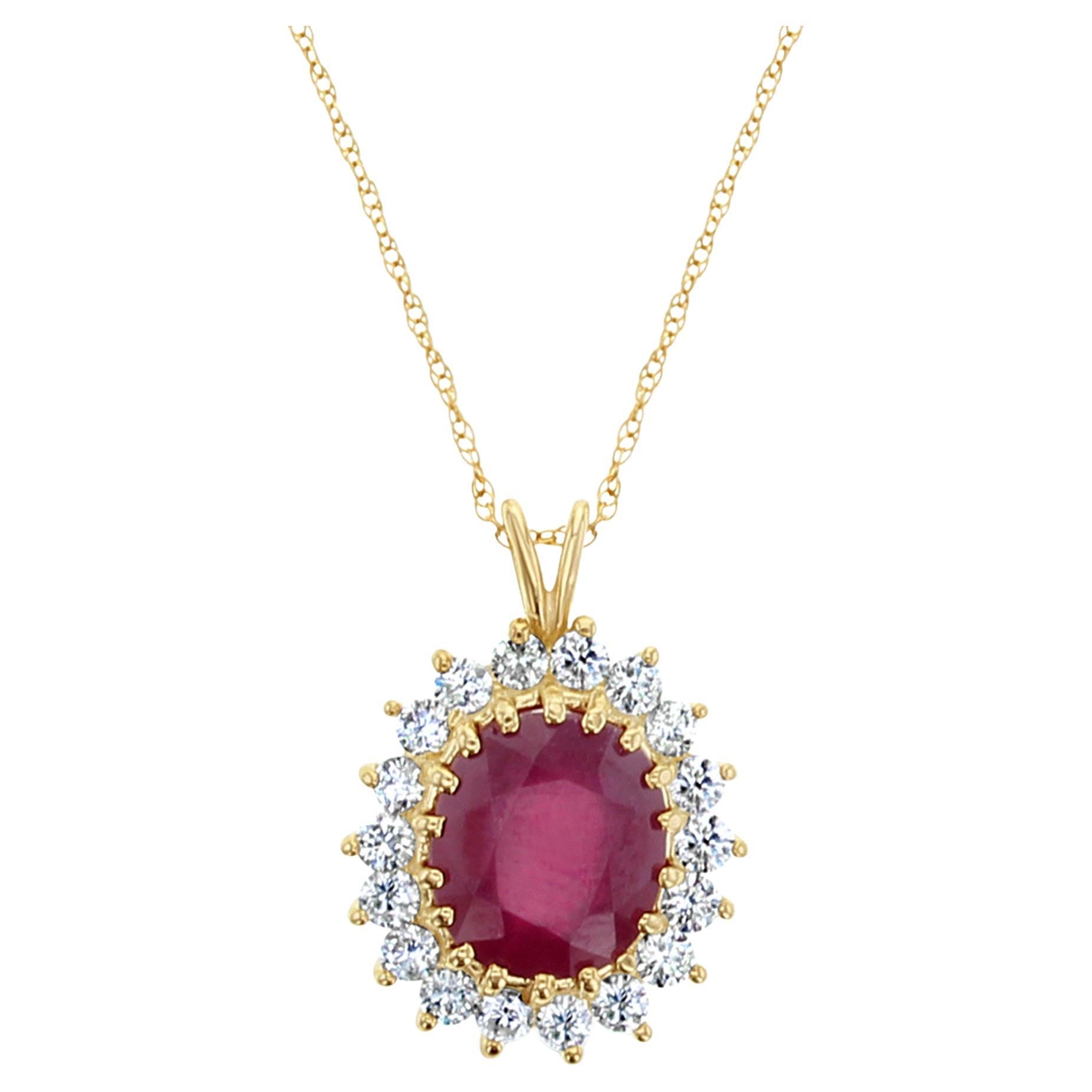 7 Carat Treated Oval Ruby Diamond Halo Necklace