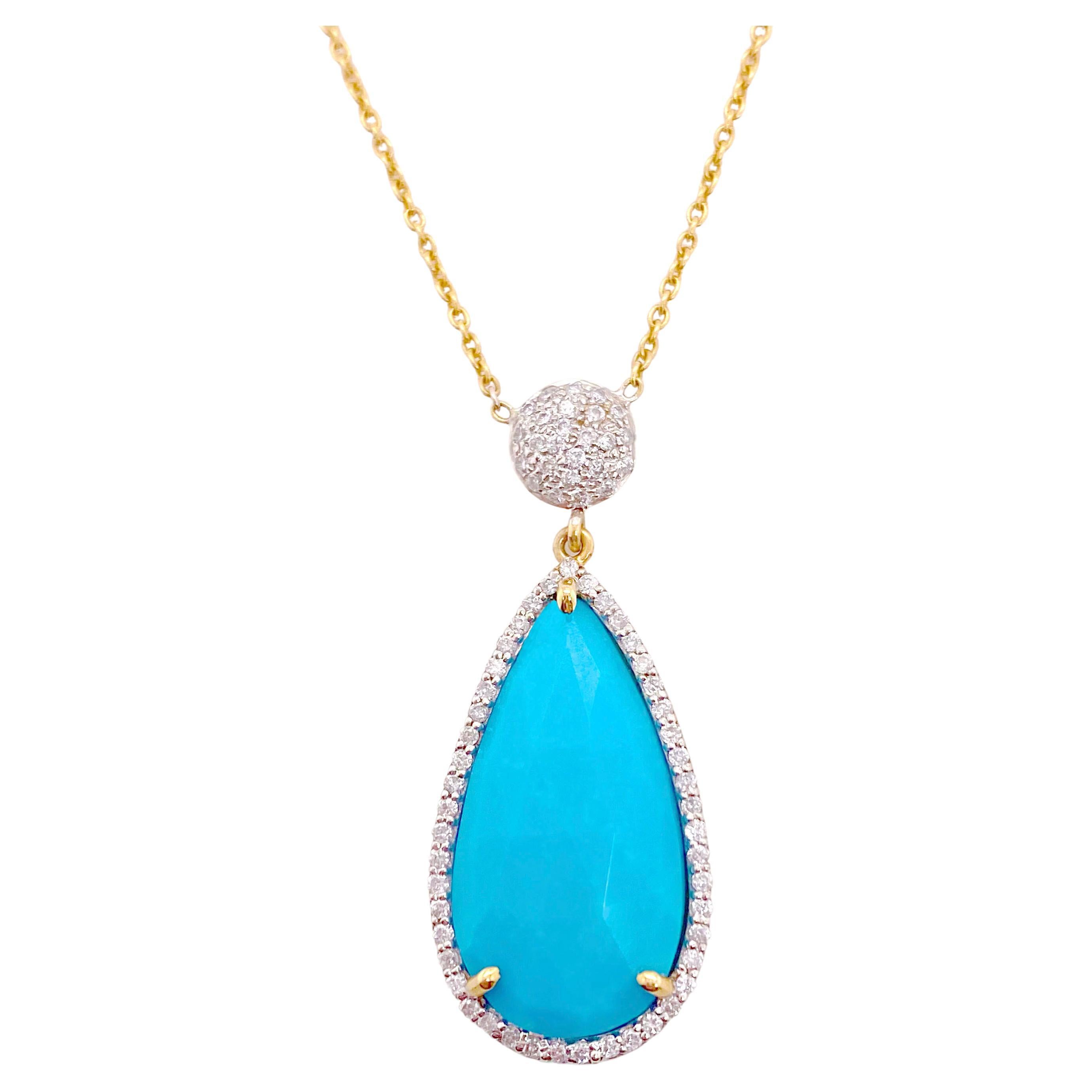 7 Carat Turquoise Pear Shape and .50 Carat Diamond Necklace in 18 Karat