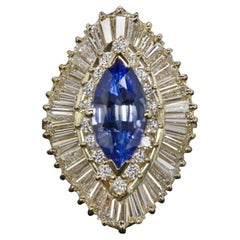7 Carat Vintage Marquise Blue Sapphire Diamond Cocktail Ring