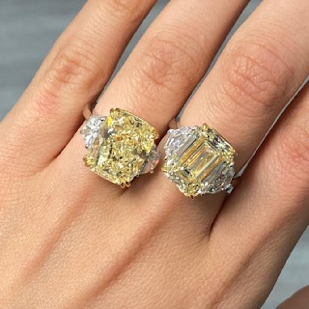 Rare Colors - 7 Carat Yellow Emerald Cut Diamond Three Stone Engagement Ring For Sale 2