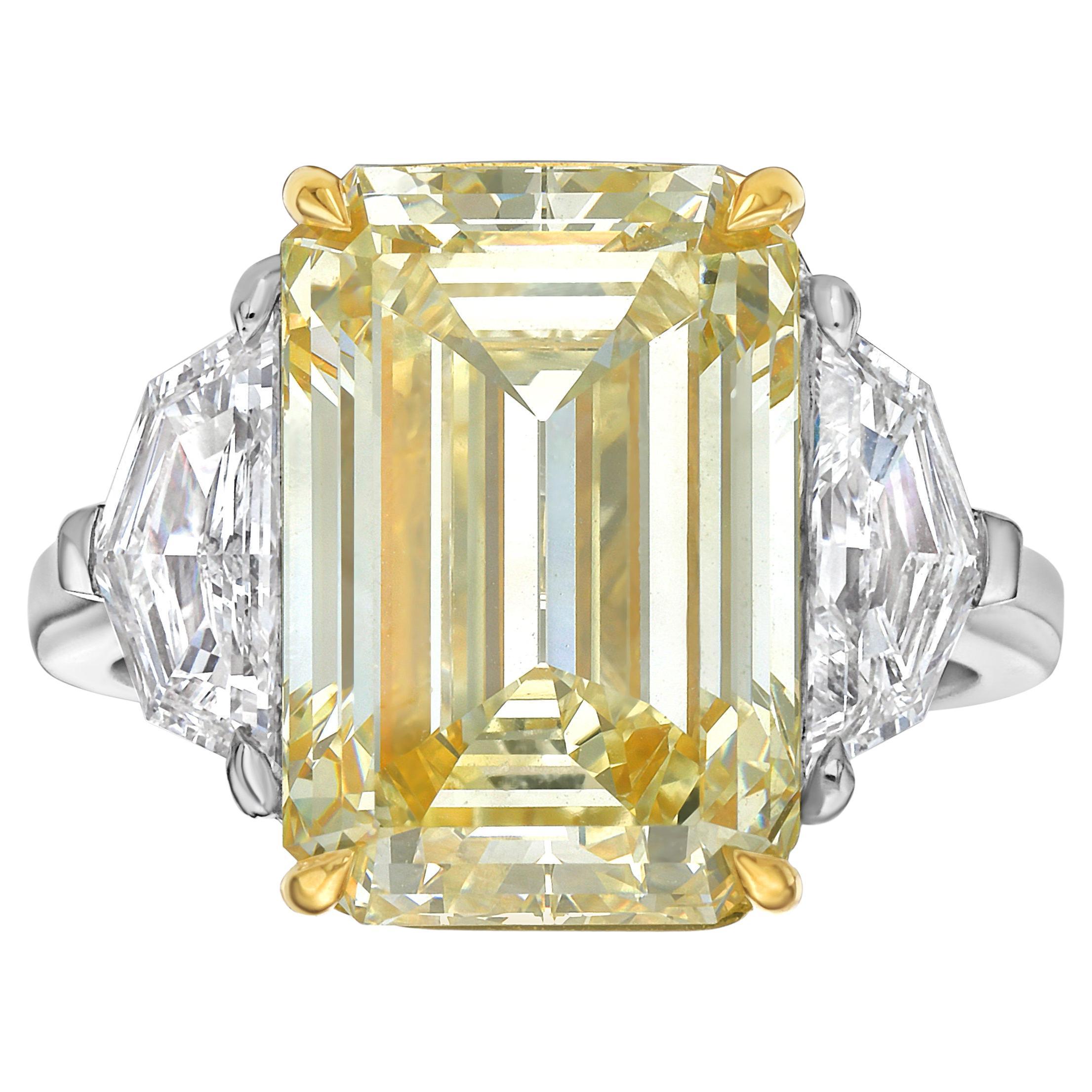 7 Carat Yellow Emerald Cut Diamond Three Stone Engagement Ring
