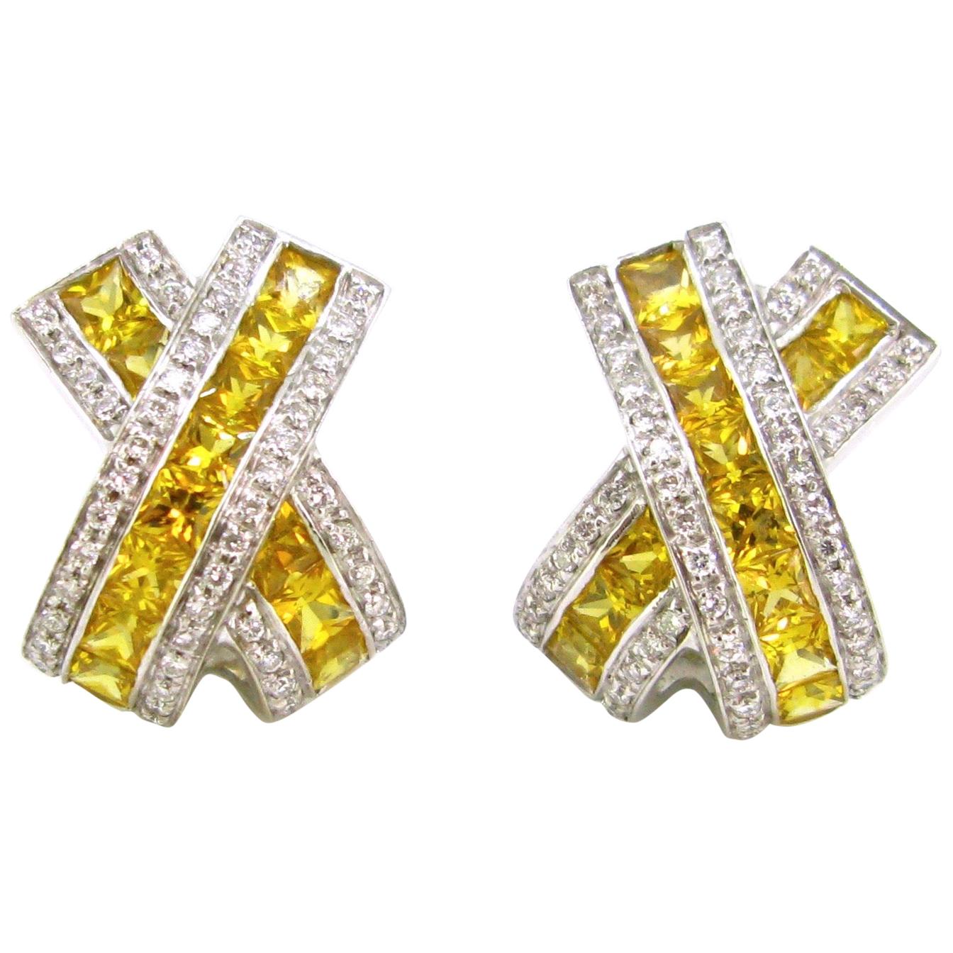 7 Carat Yellow Sapphires Diamonds White Gold Modern X Shape Earrings