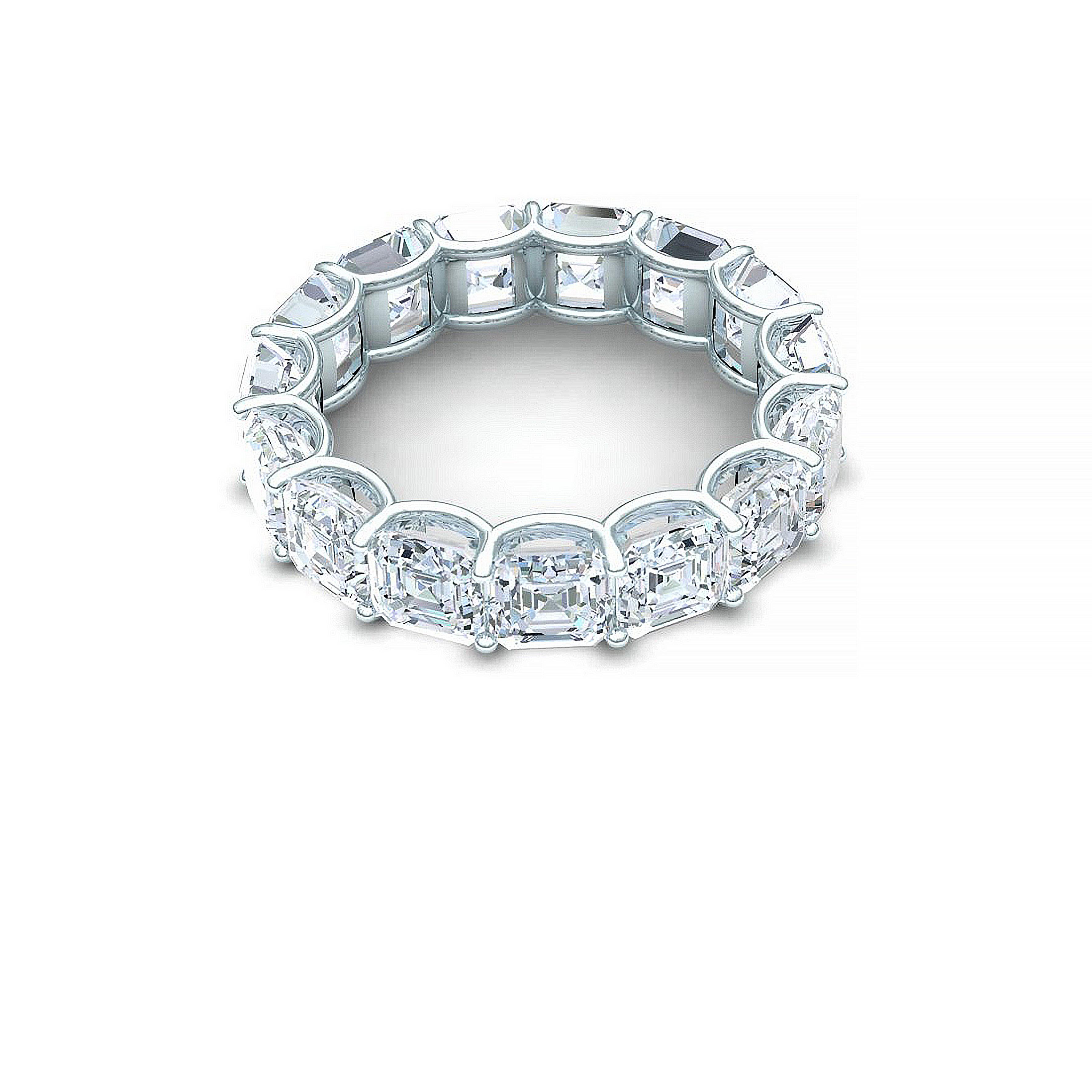 This classic and stunning eternity band consist of the following.  There are 15 Asscher cut diamonds which exhibit a color and clarity of H-I VS and measure between 4.3-4.5 mm each.  Each diamond is expertly set by our master jeweler in 950