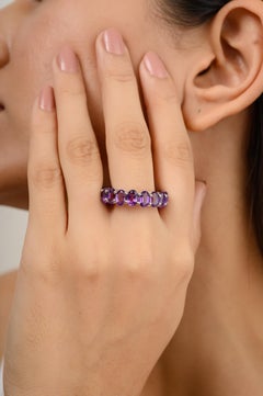 7 Carats Oval Full Amethyst Eternity Stackable Band Ring in 14k Solid White Gold