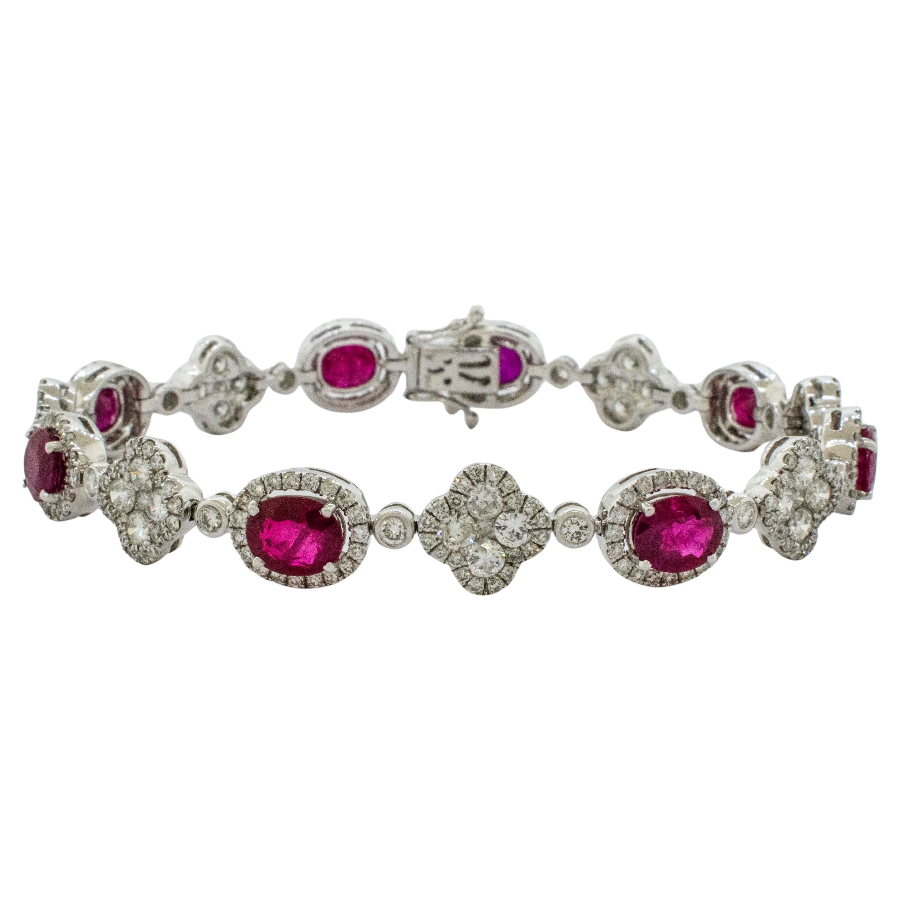 7 carats Ruby Bracelet with Diamond medallions in 18 karat white gold
