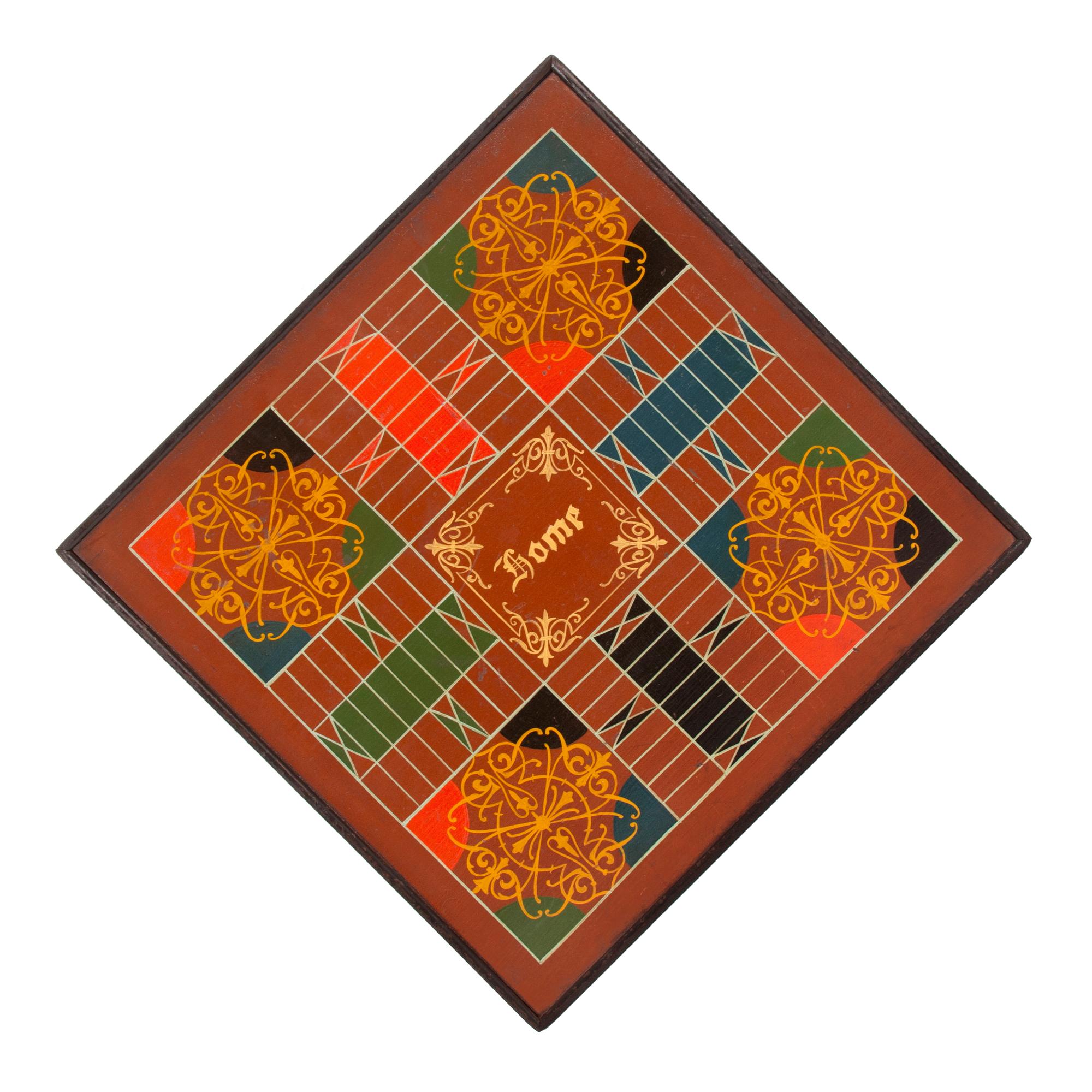 7-COLOR, CARRIAGE-PAINTED, AMERICAN PARCHEESI GAMEBOARD WITH A SPANISH BROWN / TOMATO RED GROUND AND FANCIFUL SCROLLWORK MEDALLIONS, circa 1875

Parcheesi game board, painted in 7 colors on a wooden plank with applied, molded trim. The background is