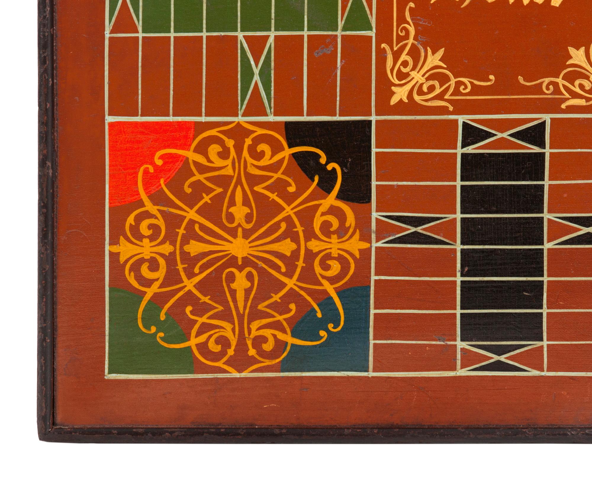 7 Color, Carriage Painted American Parcheesi Gameboard, ca 1875 In Good Condition In York County, PA