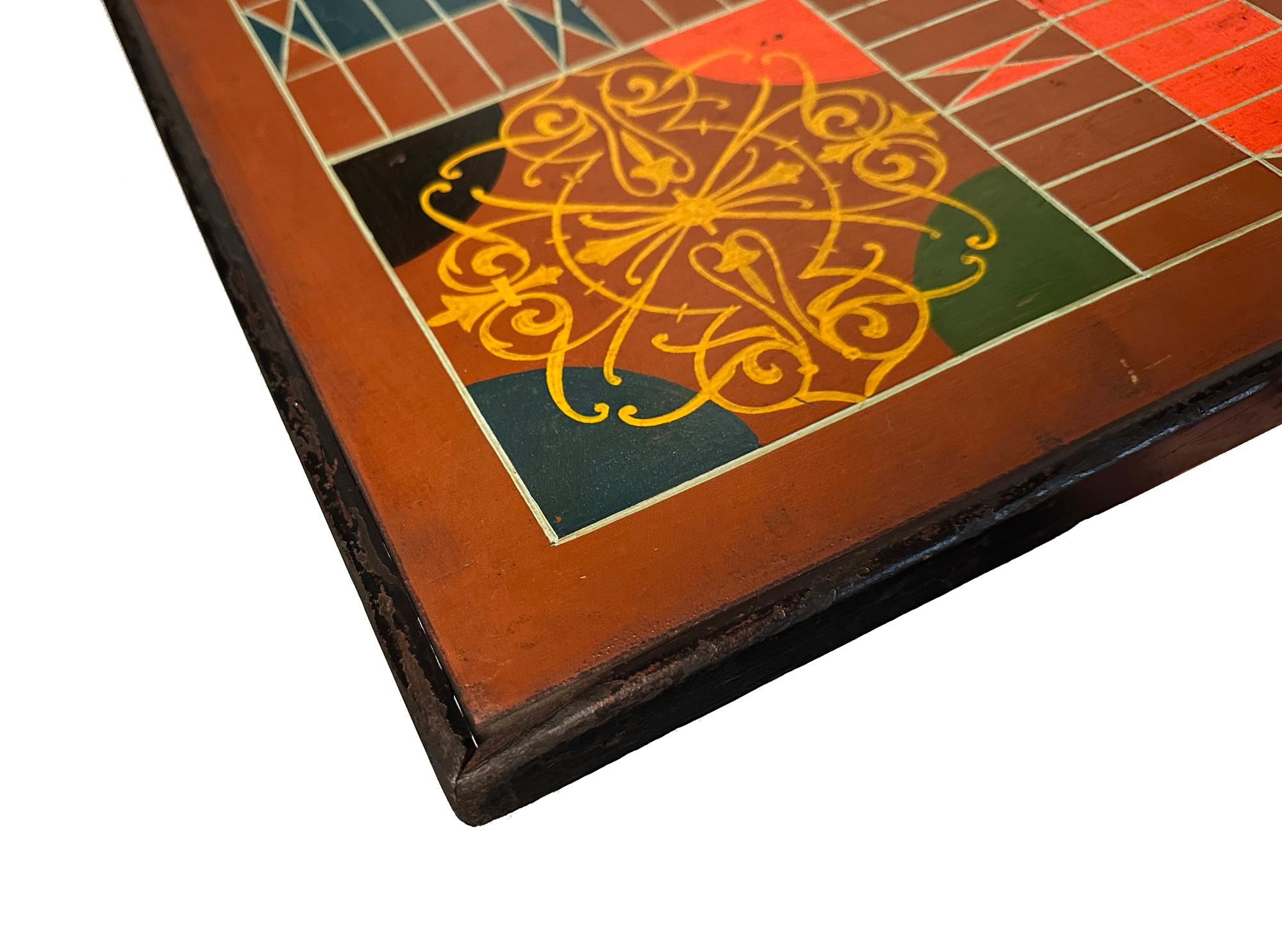 Wood 7 Color, Carriage Painted American Parcheesi Gameboard, ca 1875 For Sale
