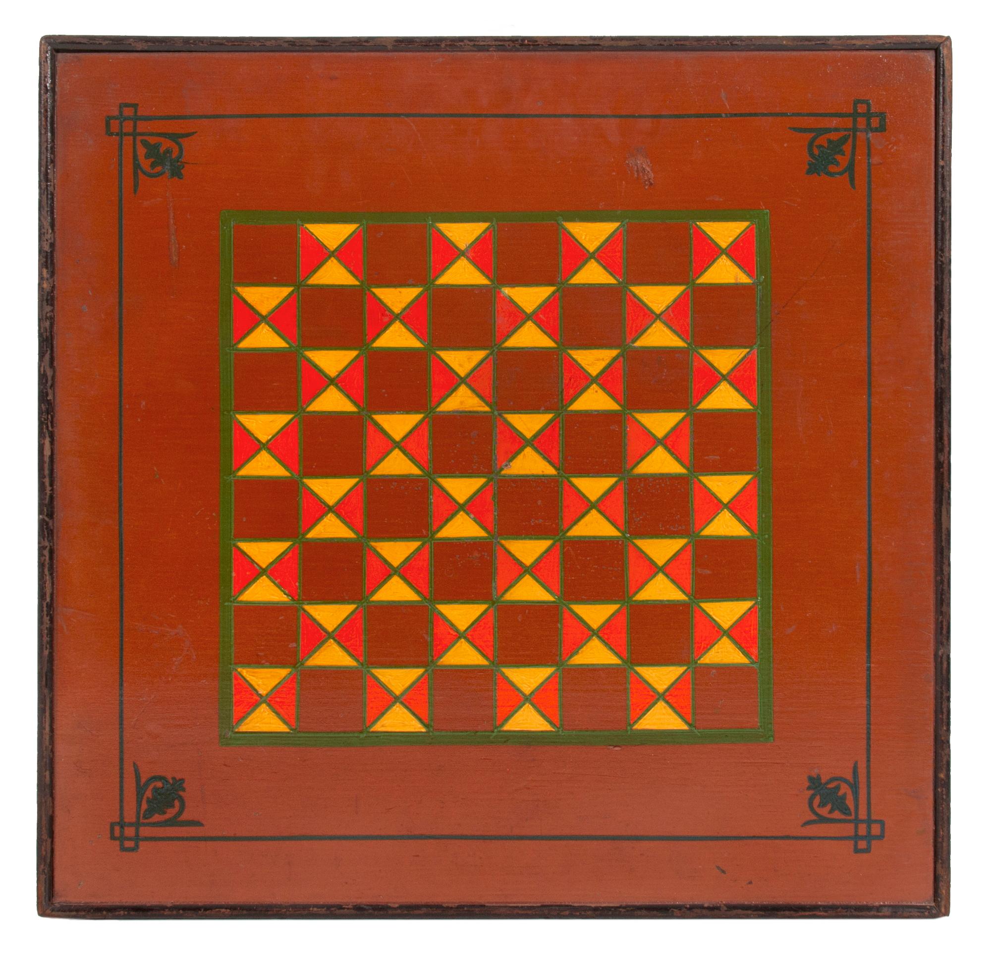 Wood 7 Color, Carriage Painted American Parcheesi Gameboard, ca 1875