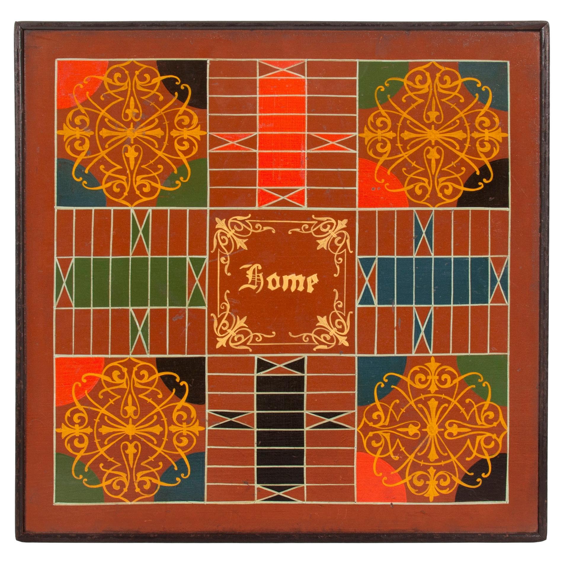 7 Color, Carriage Painted American Parcheesi Gameboard, ca 1875 For Sale