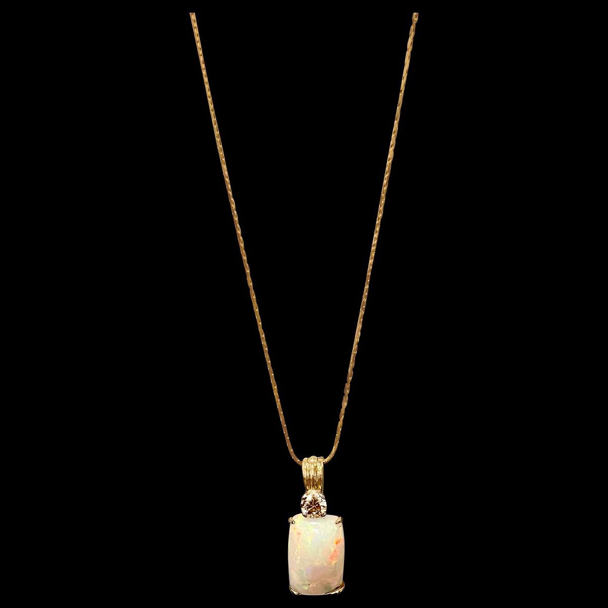 Cushion Cut 7 Ct Ethiopian Opal & Diamond Pendant / Necklace 14 Karat + 14 Kt Gold Chain For Sale