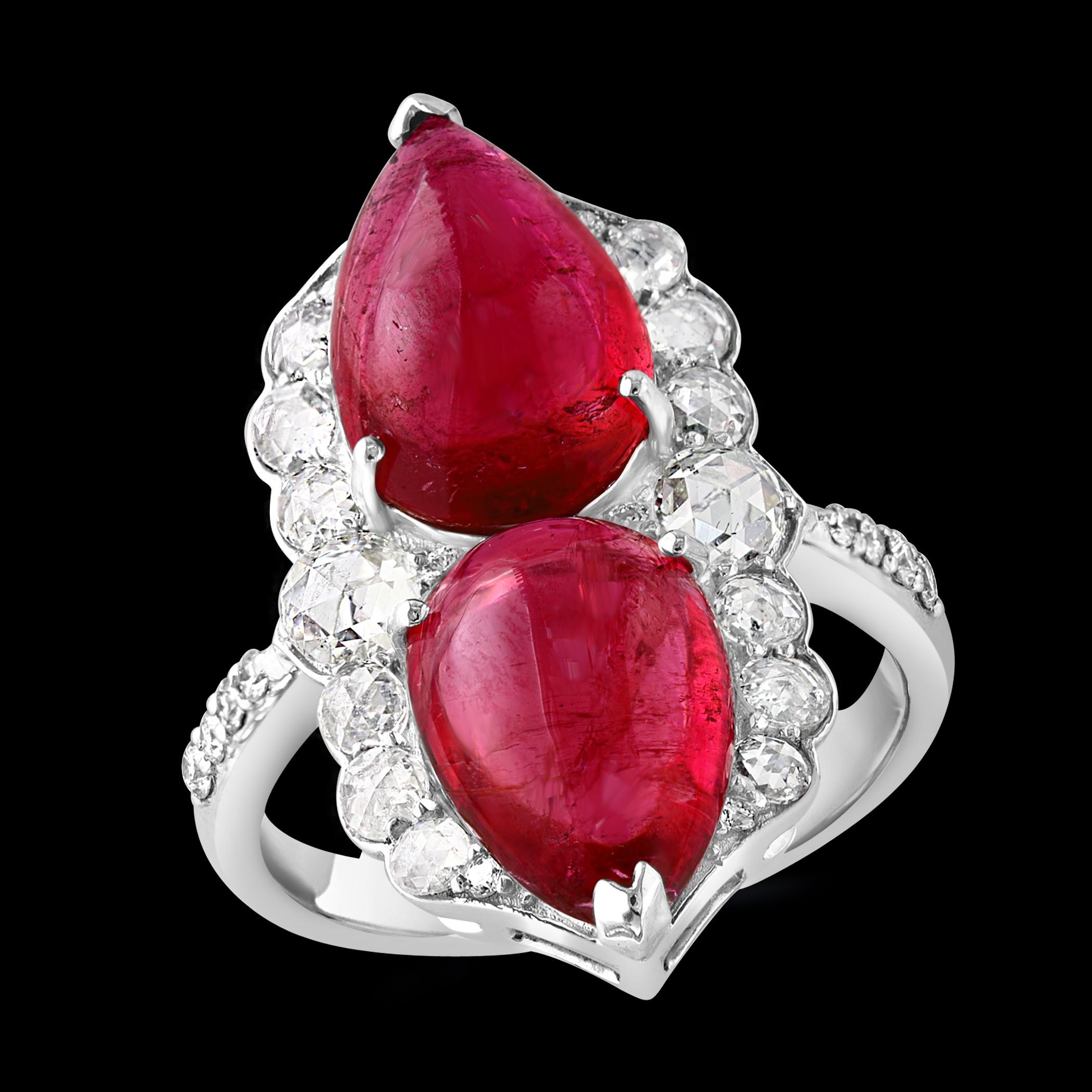 7 Ct Finest Rubelite Cabochon 1 Ct Diamond 18 Kt White Gold Cocktail Ring Size 6 In Excellent Condition For Sale In New York, NY