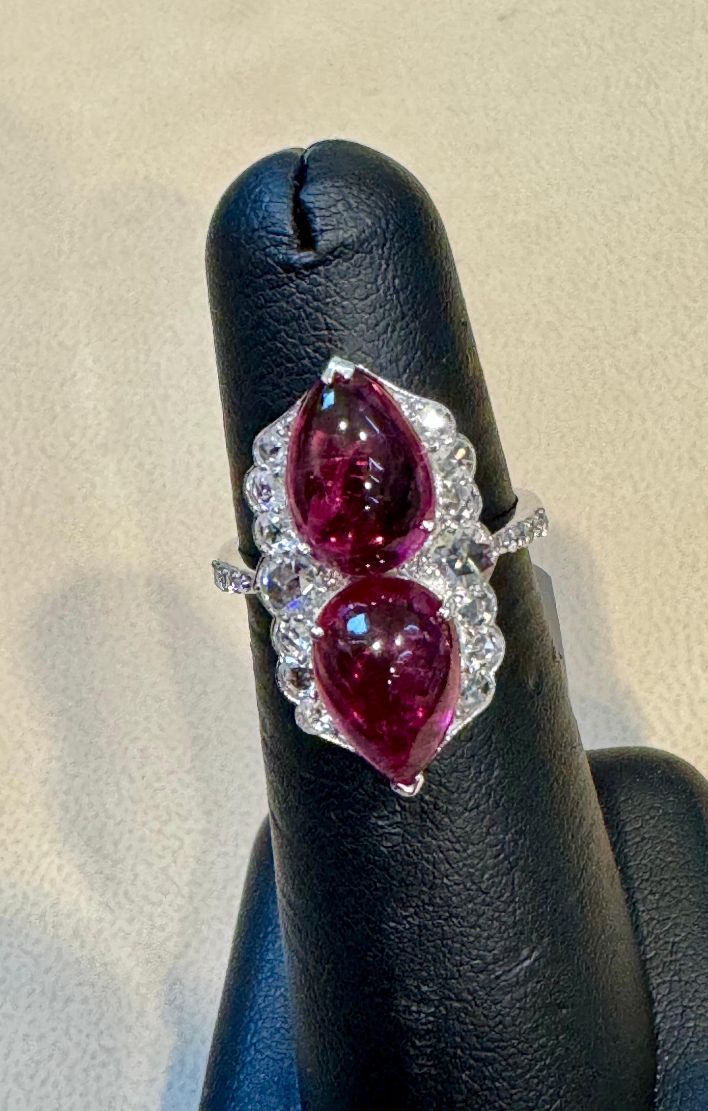 Women's 7 Ct Finest Rubelite Cabochon 1 Ct Diamond 18 Kt White Gold Cocktail Ring Size 6 For Sale