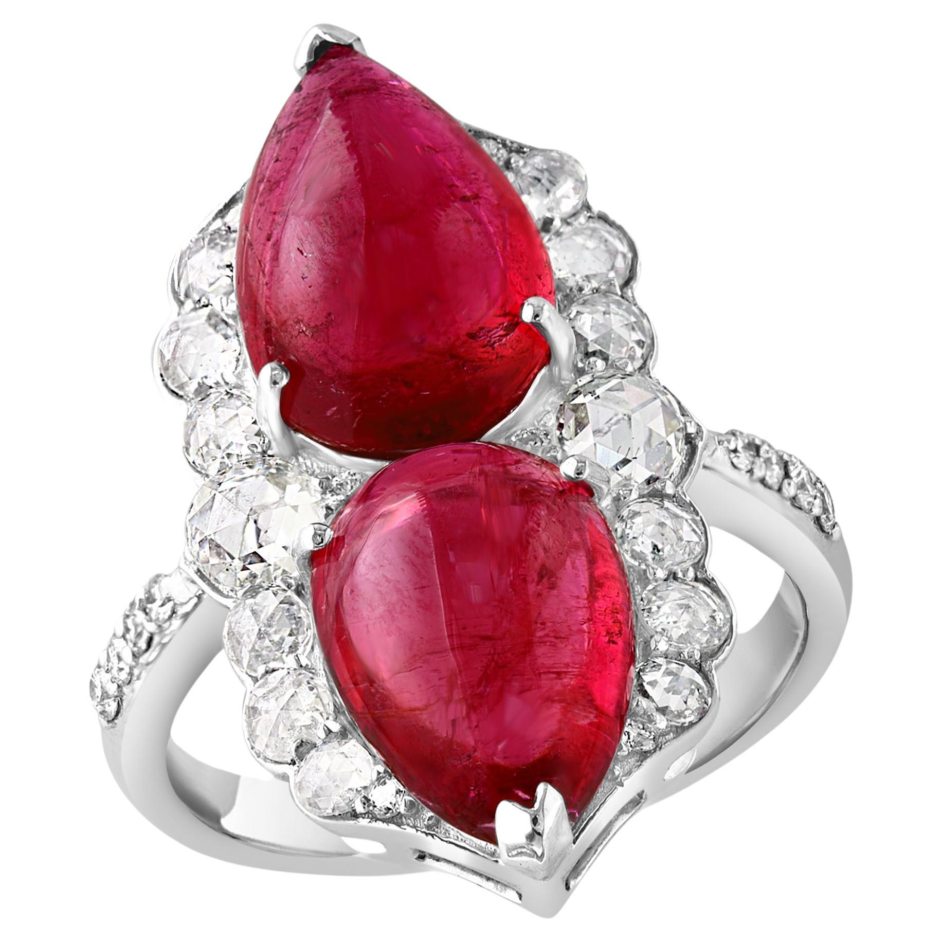 7 Ct Finest Rubelite Cabochon 1 Ct Diamond 18 Kt White Gold Cocktail Ring Size 6 For Sale