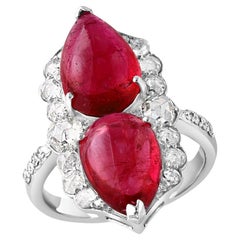 7 Ct Finest Rubelite Cabochon 1 Ct Diamond 18 Kt White Gold Cocktail Ring Size 6